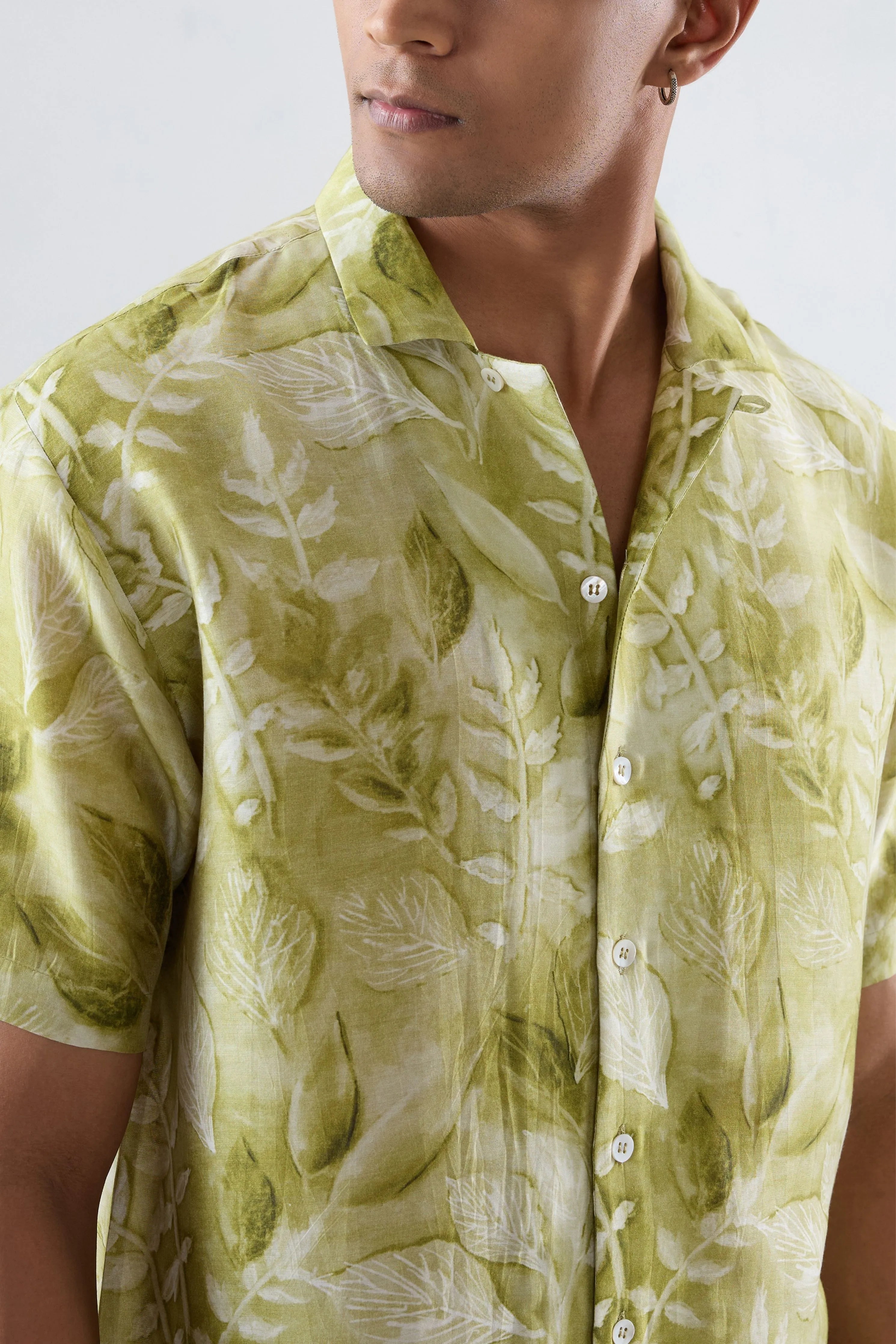Green Leaf Ecoprint Cuban Collar Shirt