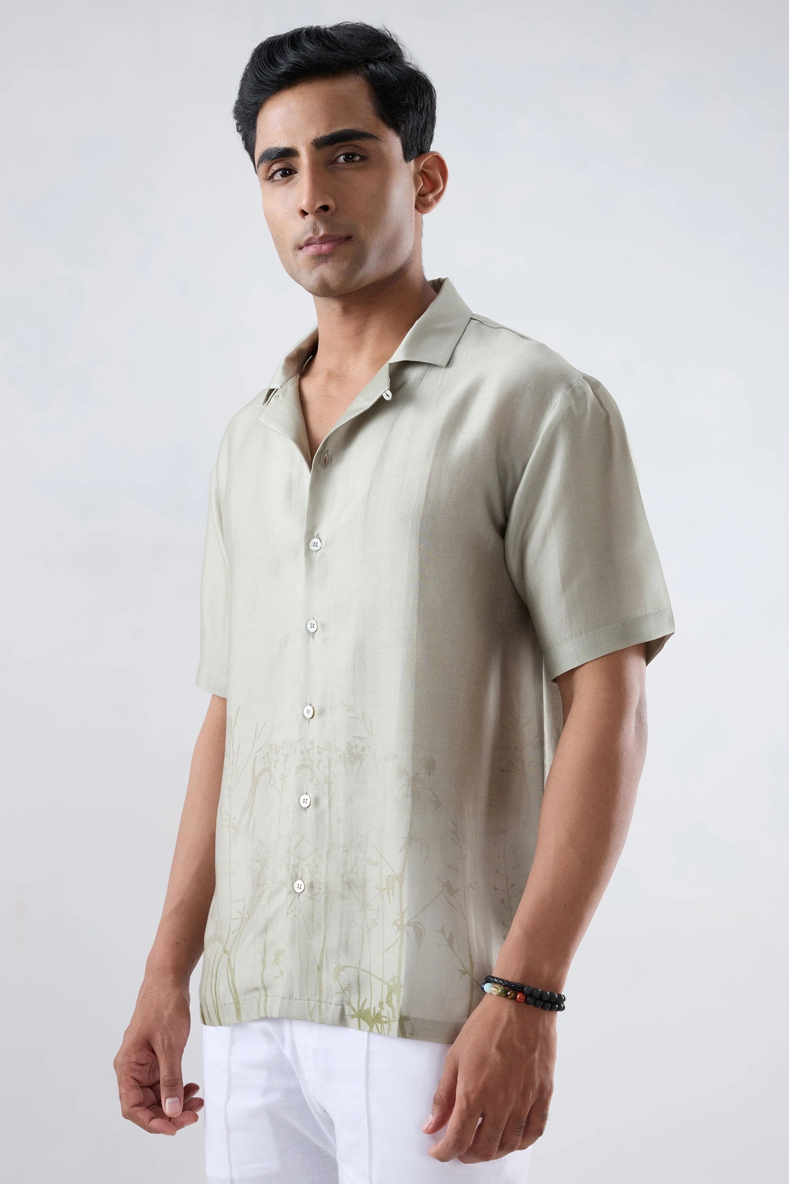 Grey Ecoprint Cuban Collar Shirt