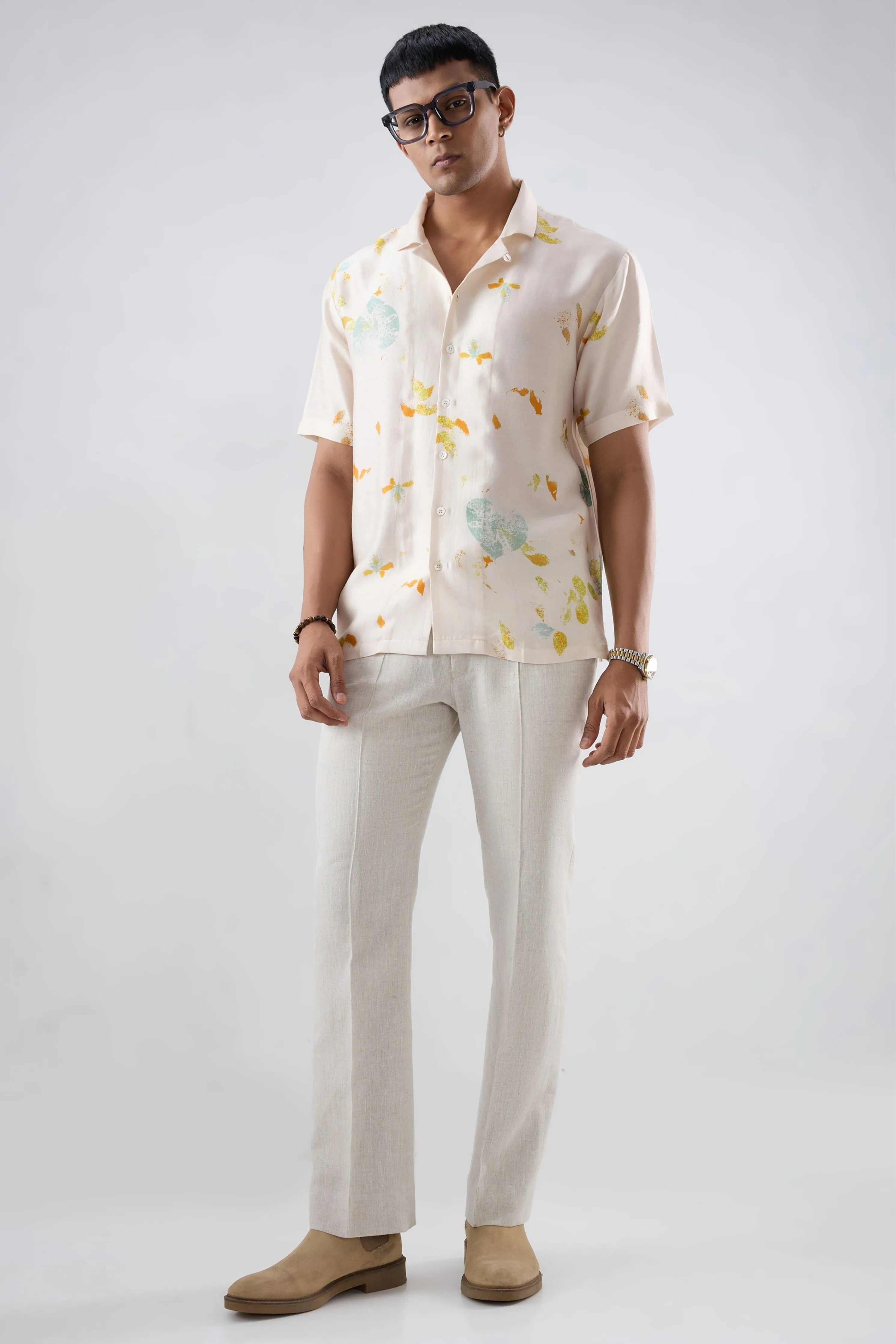 Ivory Abstract Ecoprint Cuban Collar Shirt
