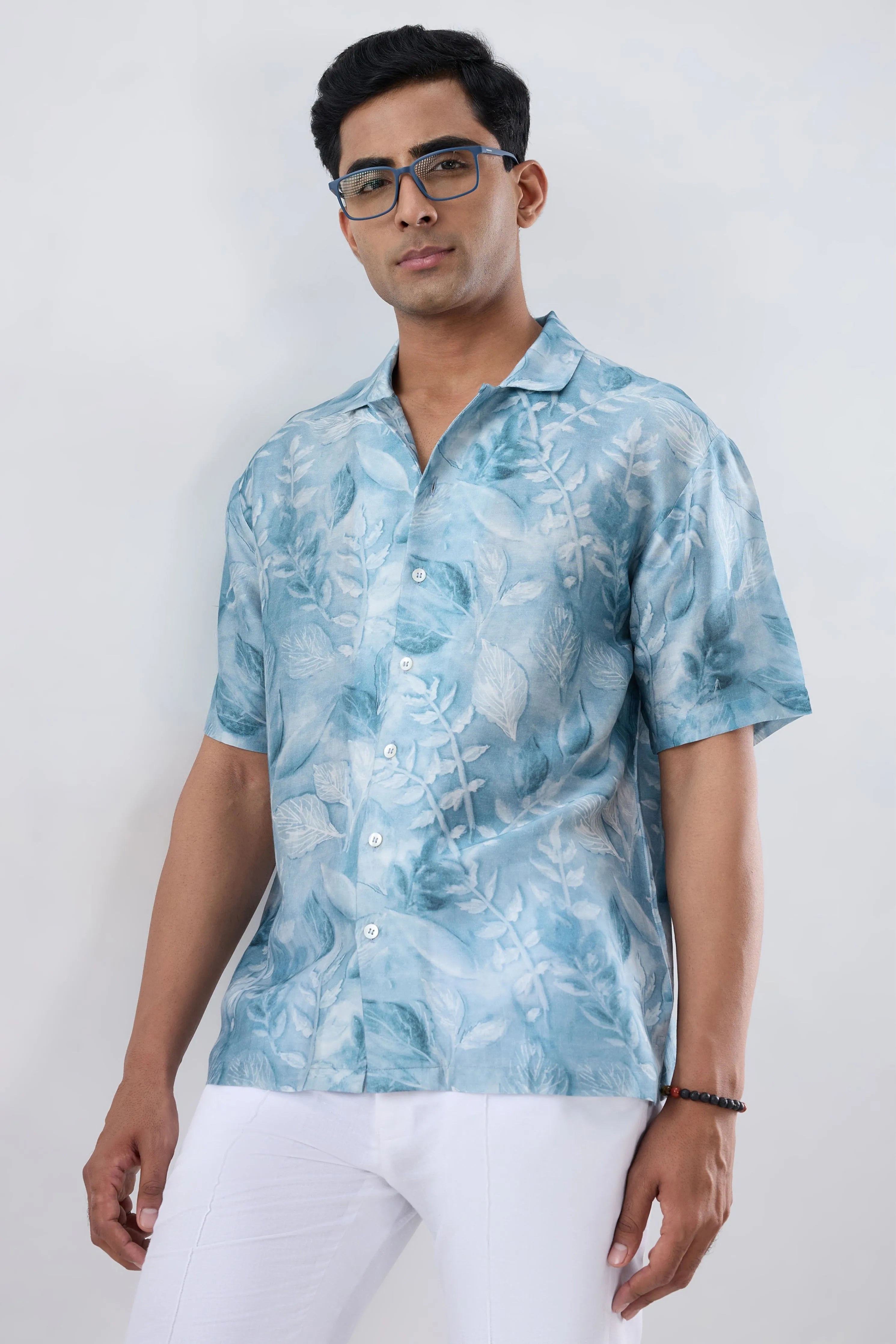 Light Blue leaf Ecoprint Cuban Collar Shirt