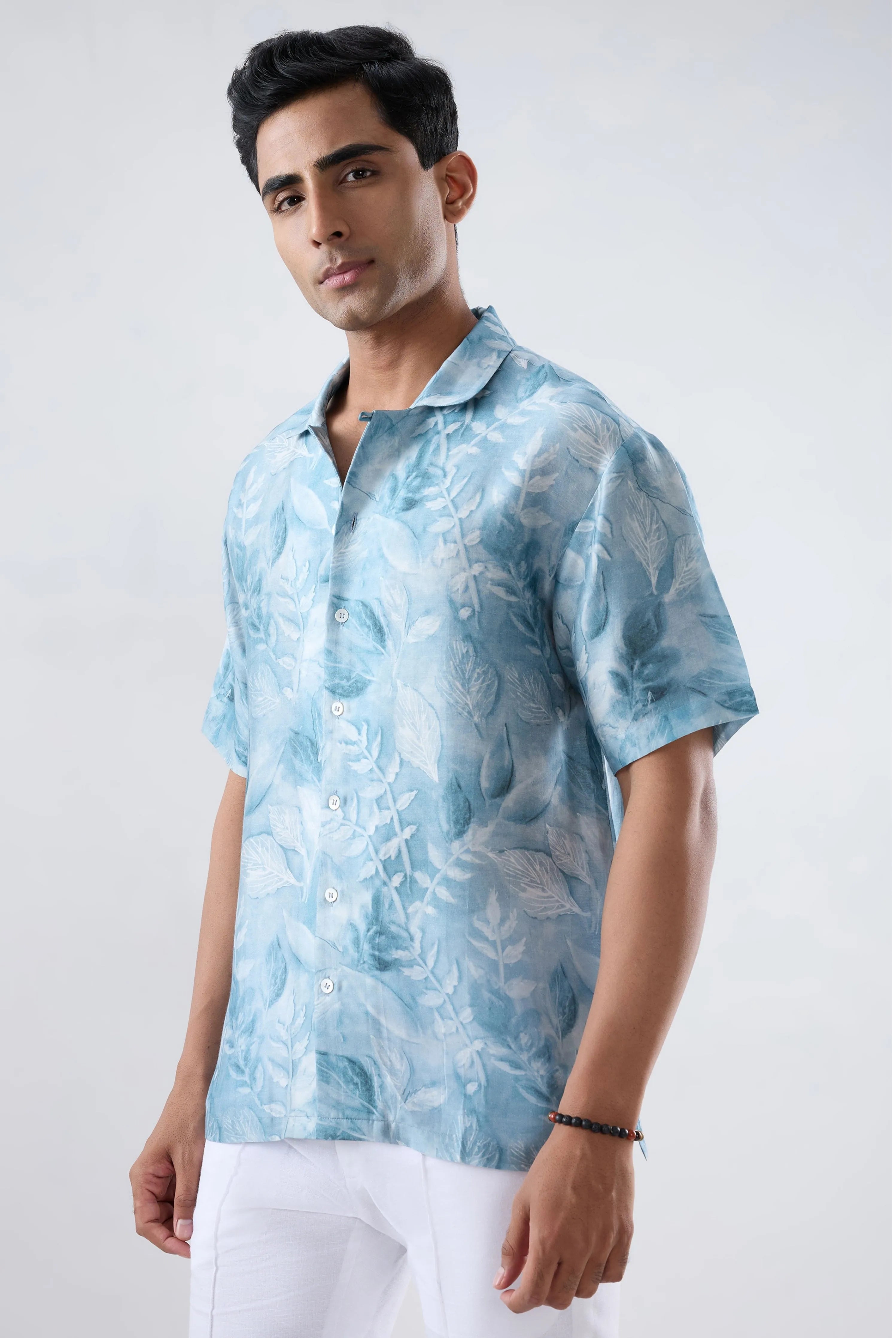Light Blue leaf Ecoprint Cuban Collar Shirt