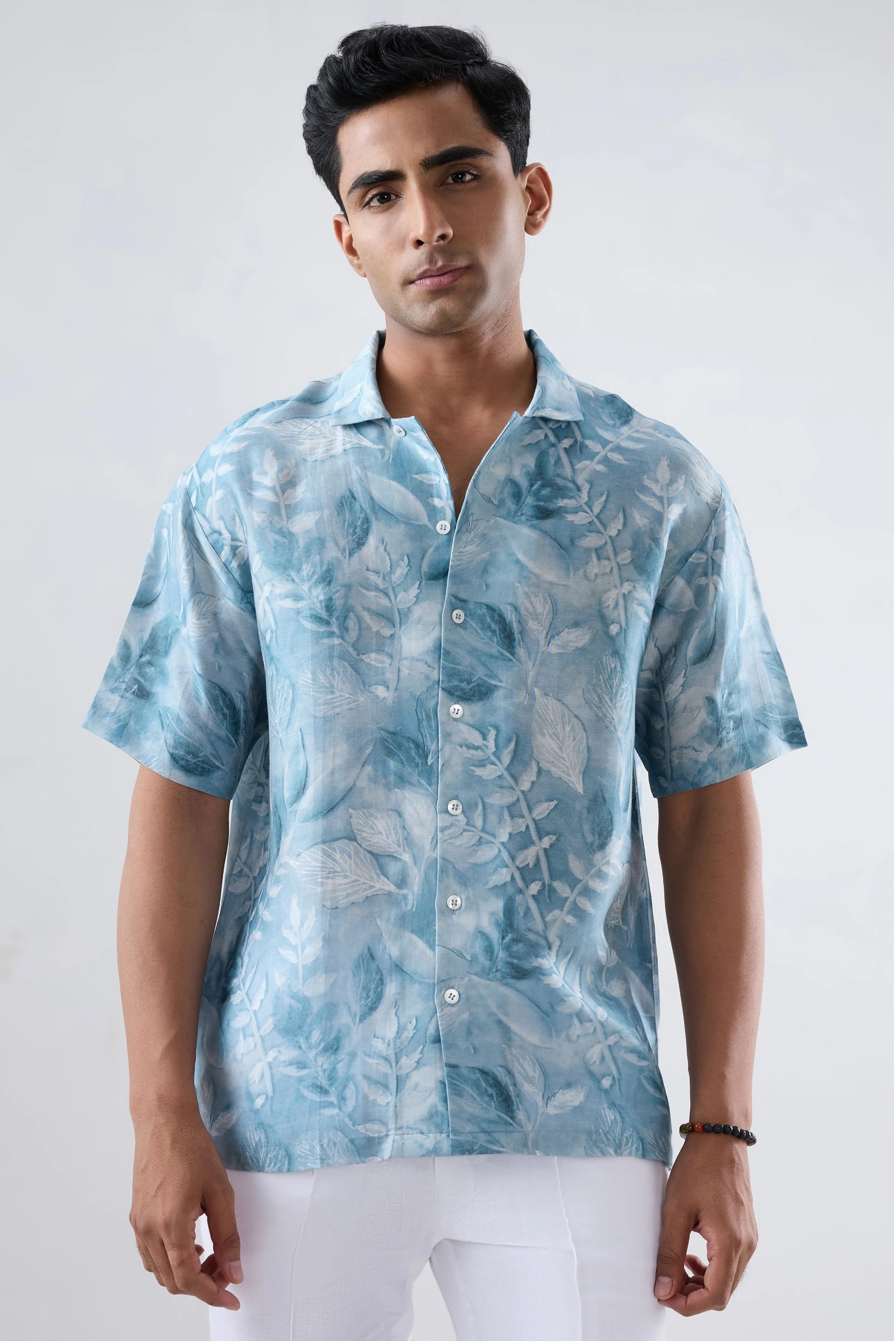 Light Blue leaf Ecoprint Cuban Collar Shirt