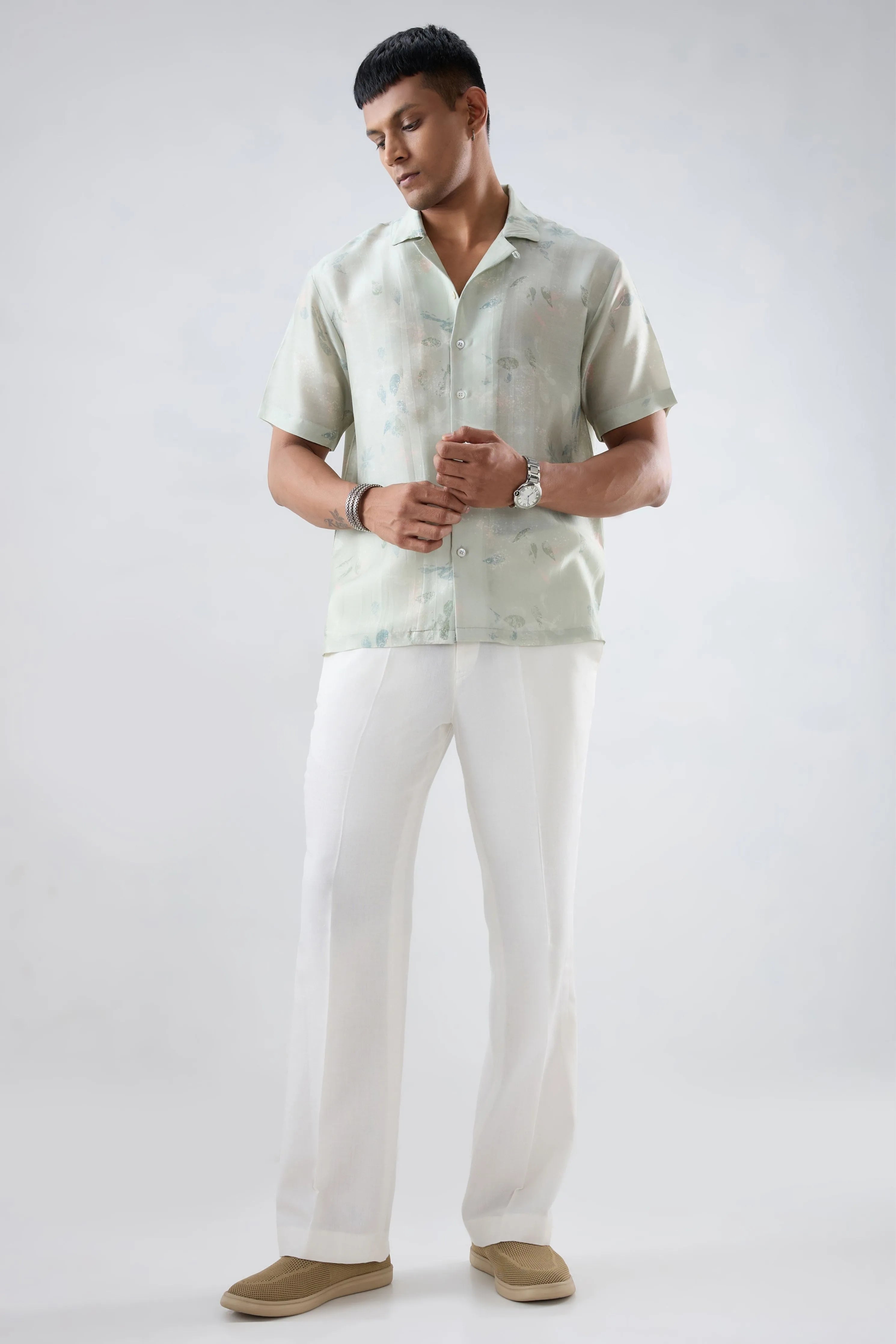 Mint Green Abstract Ecoprint Cuban Collar Shirt