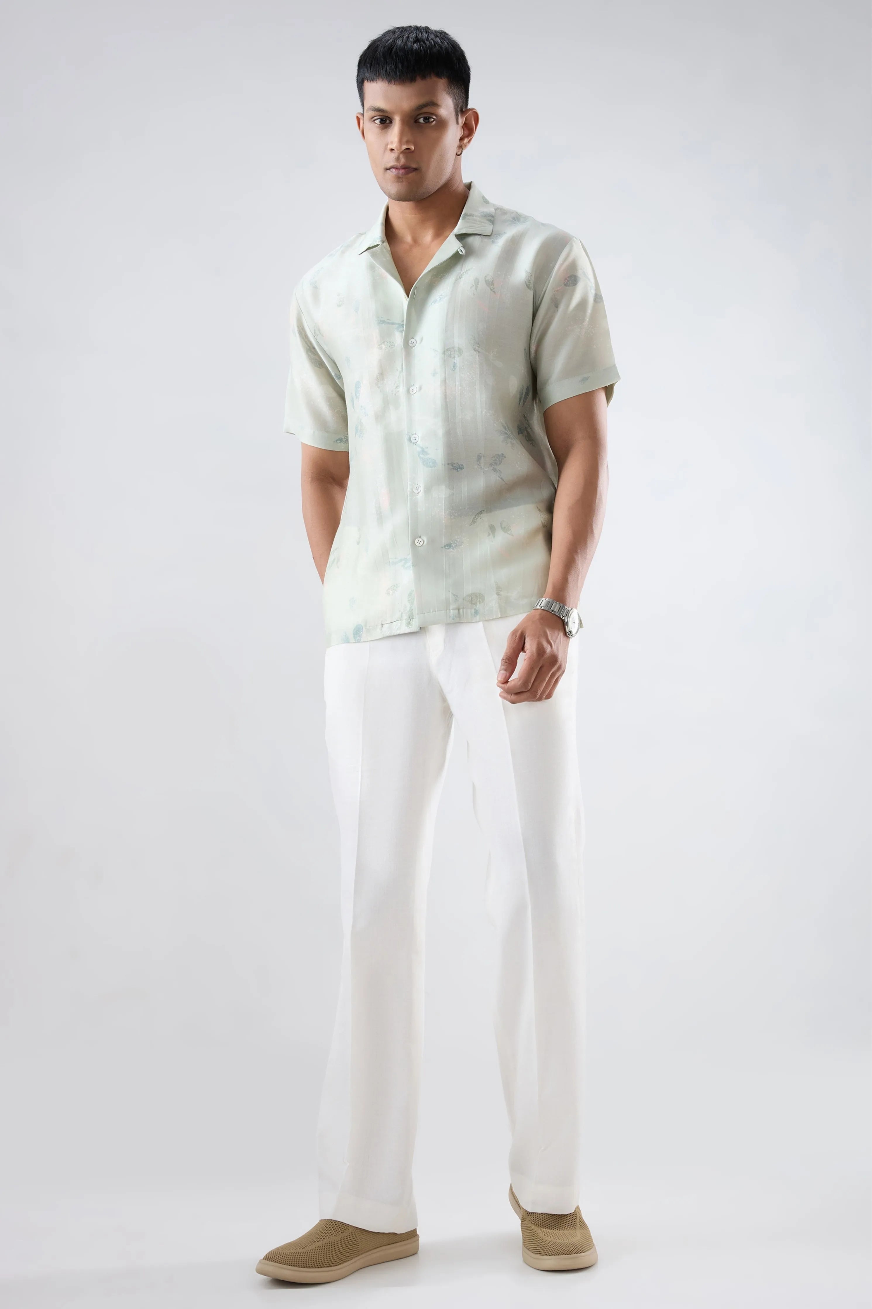 Mint Green Abstract Ecoprint Cuban Collar Shirt