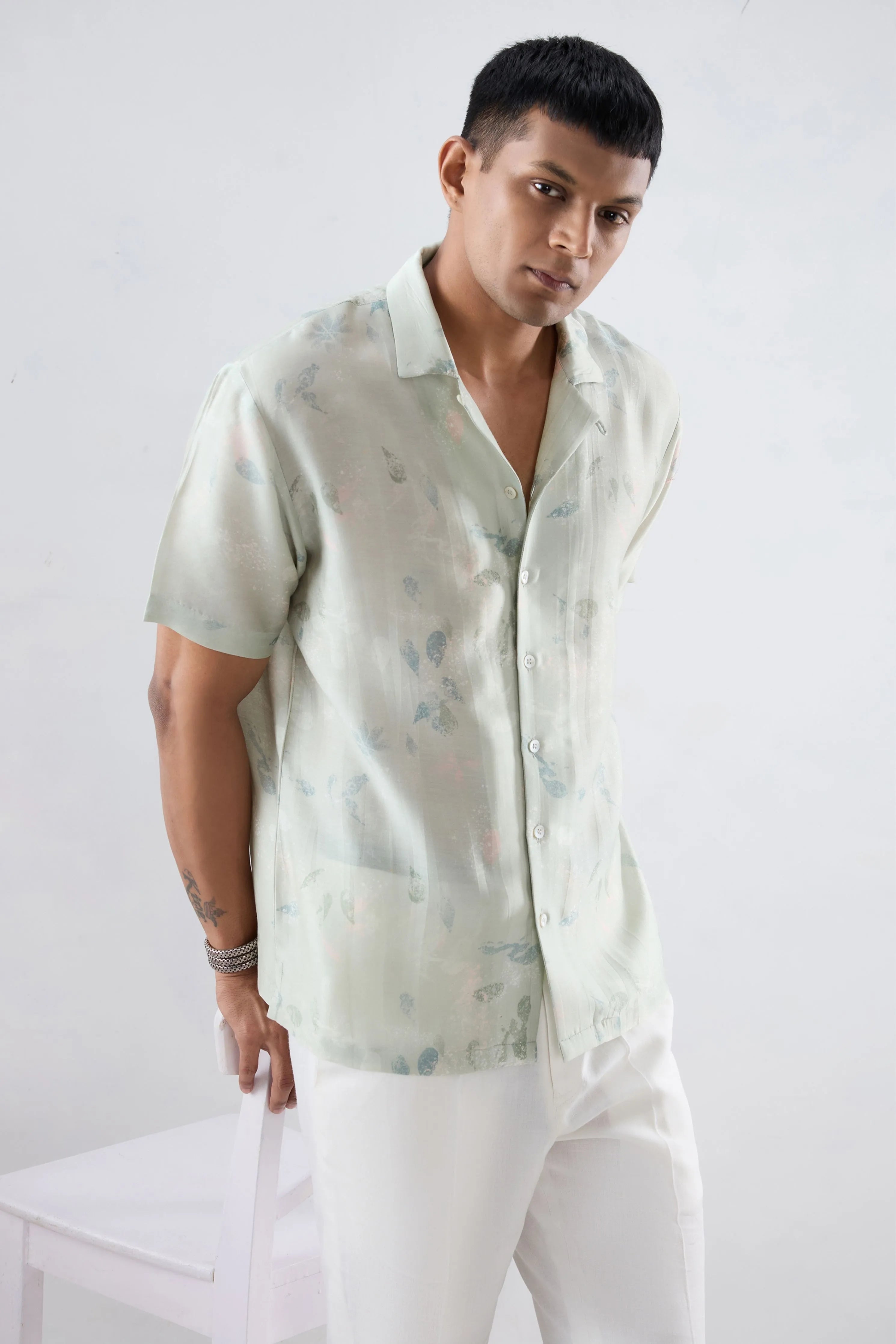 Mint Green Abstract Ecoprint Cuban Collar Shirt