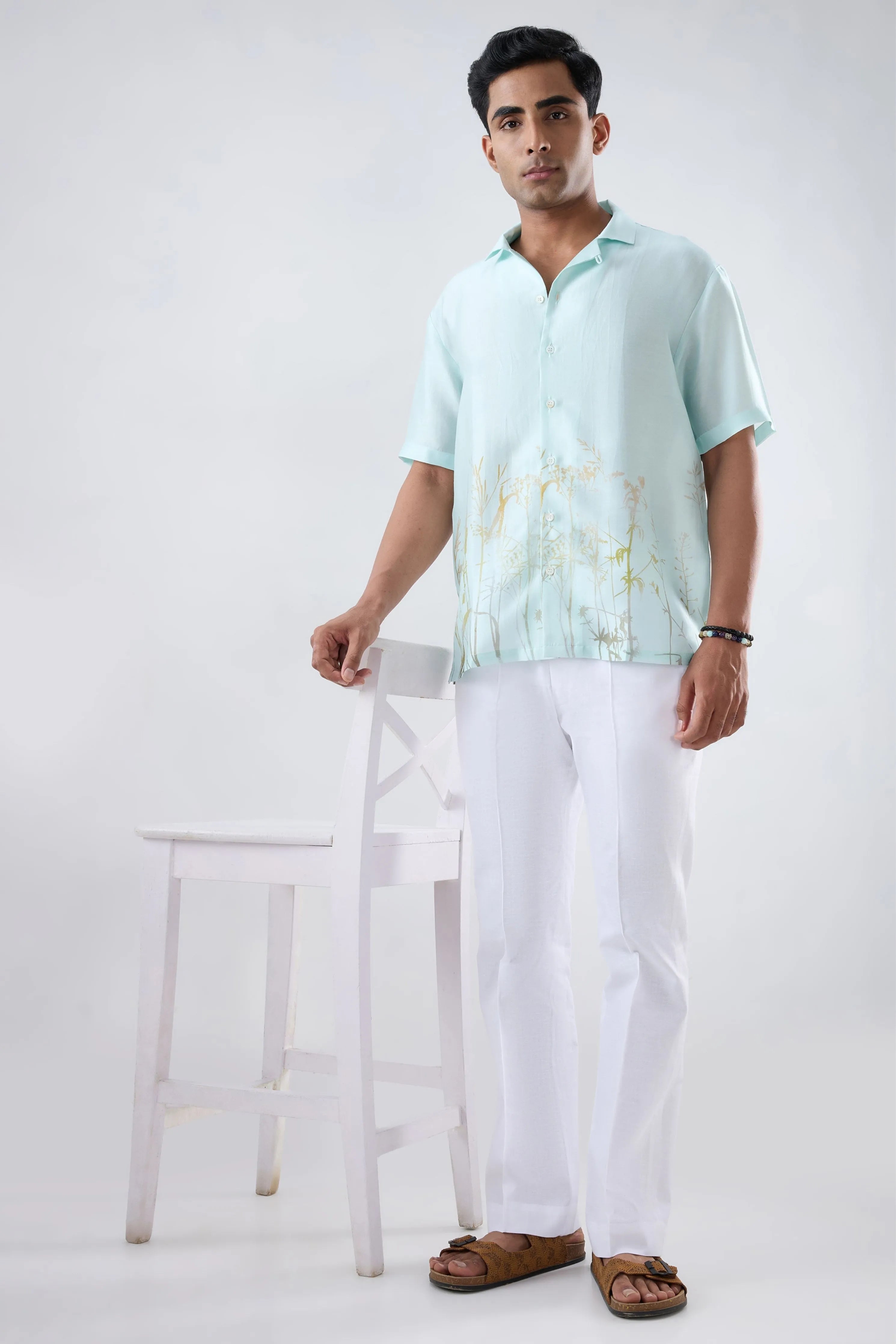 Sky Blue Ecoprint Cuban Collar Shirt