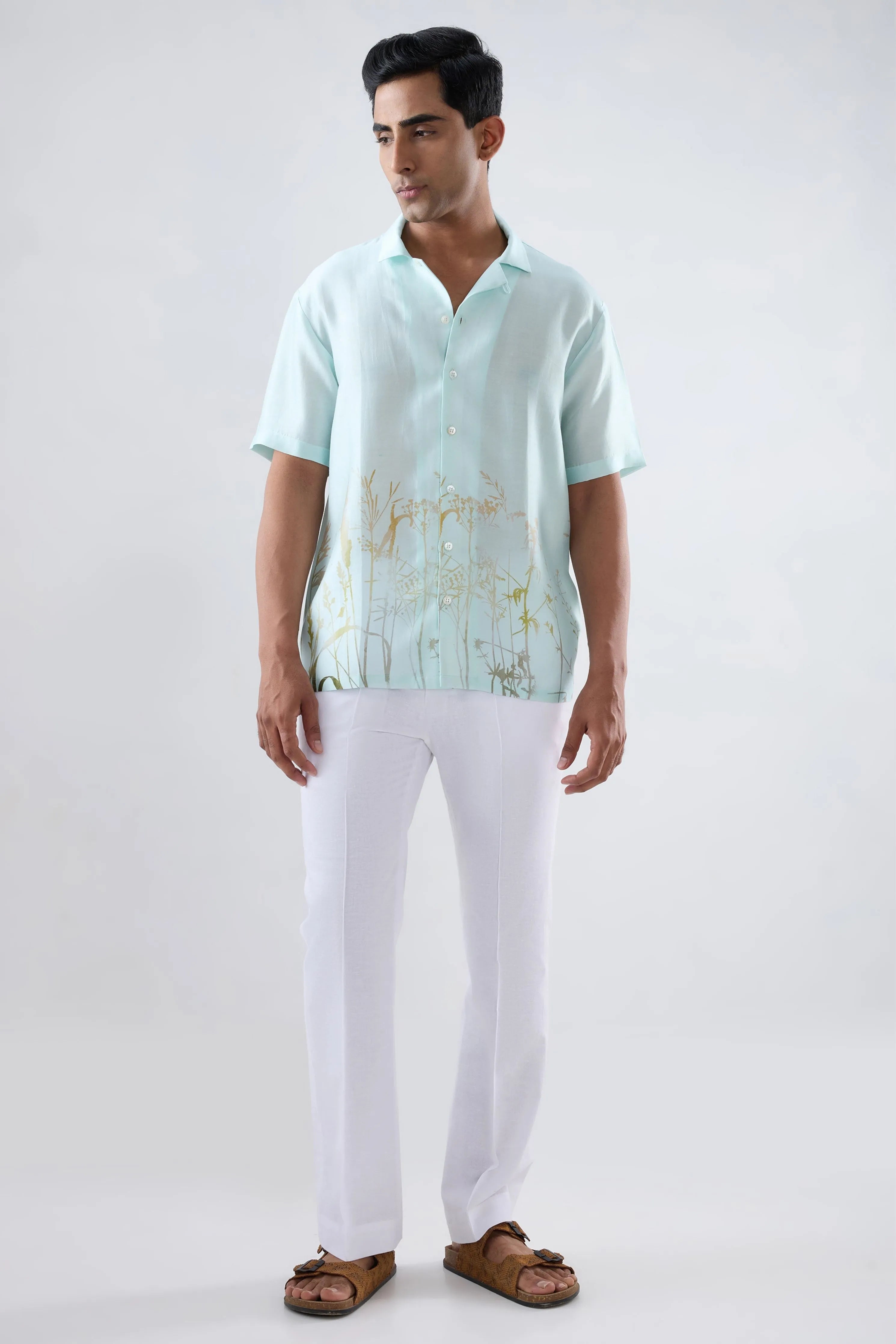 Sky Blue Ecoprint Cuban Collar Shirt