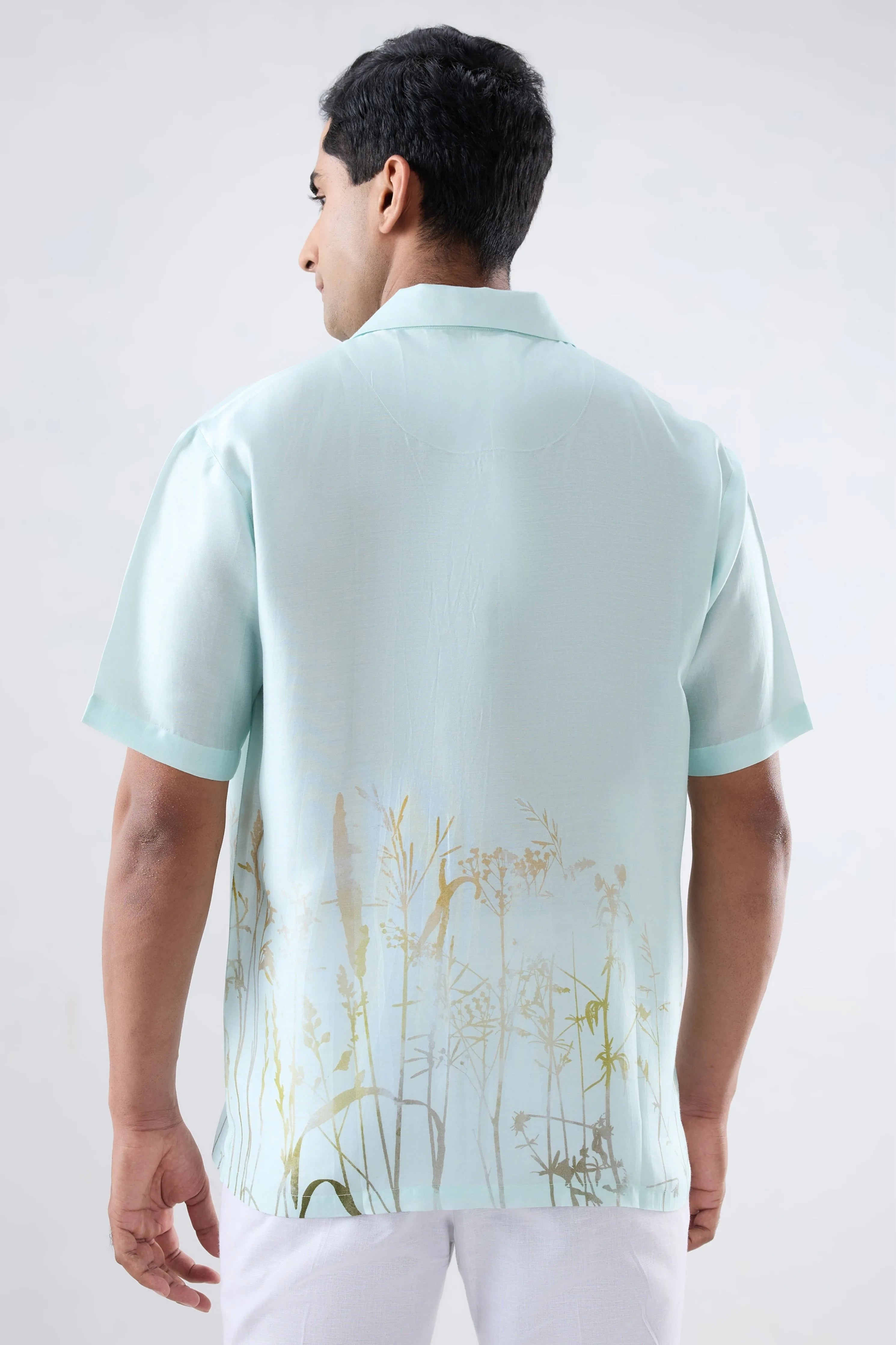 Sky Blue Ecoprint Cuban Collar Shirt