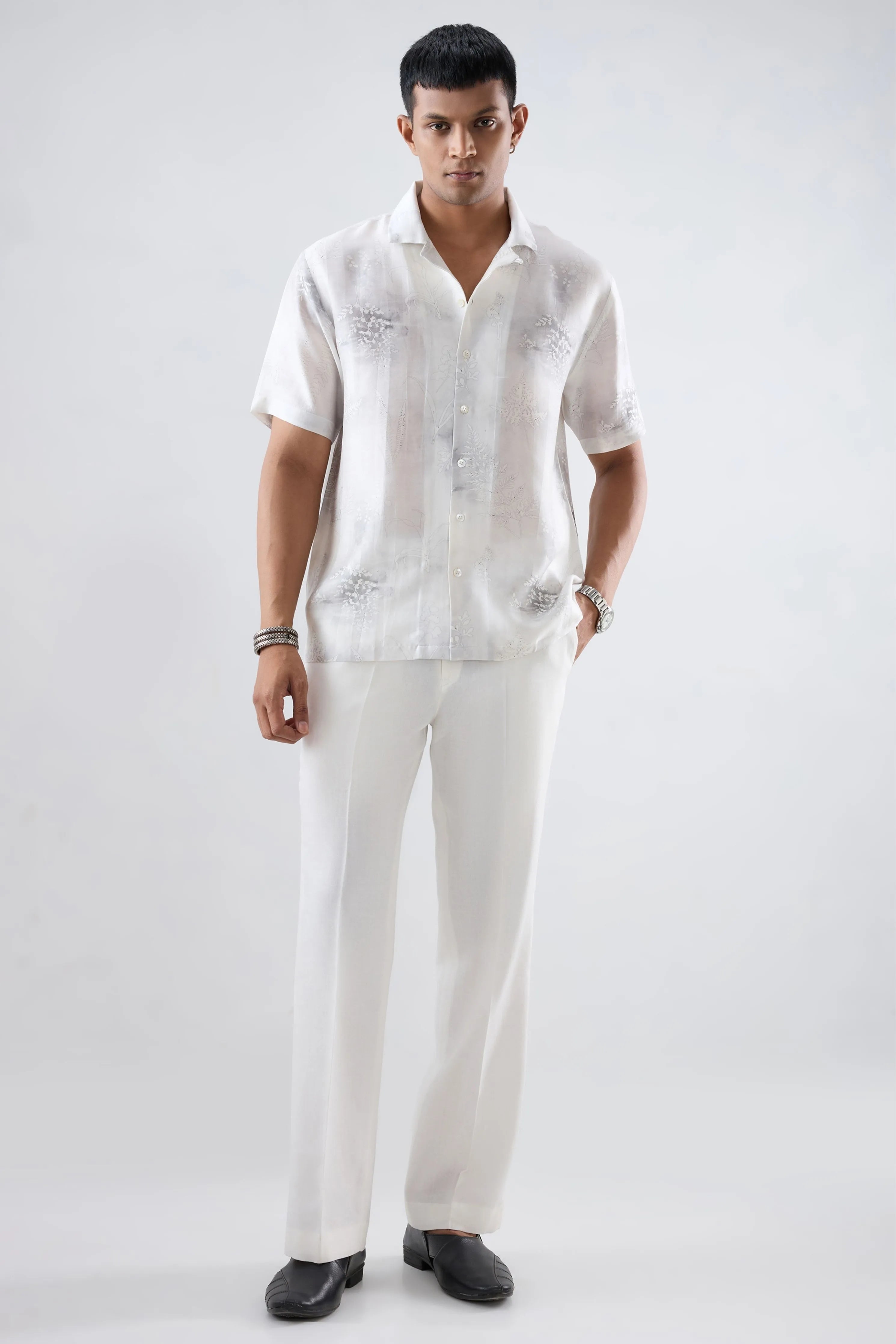 White Ecoprint Cuban Collar Shirt