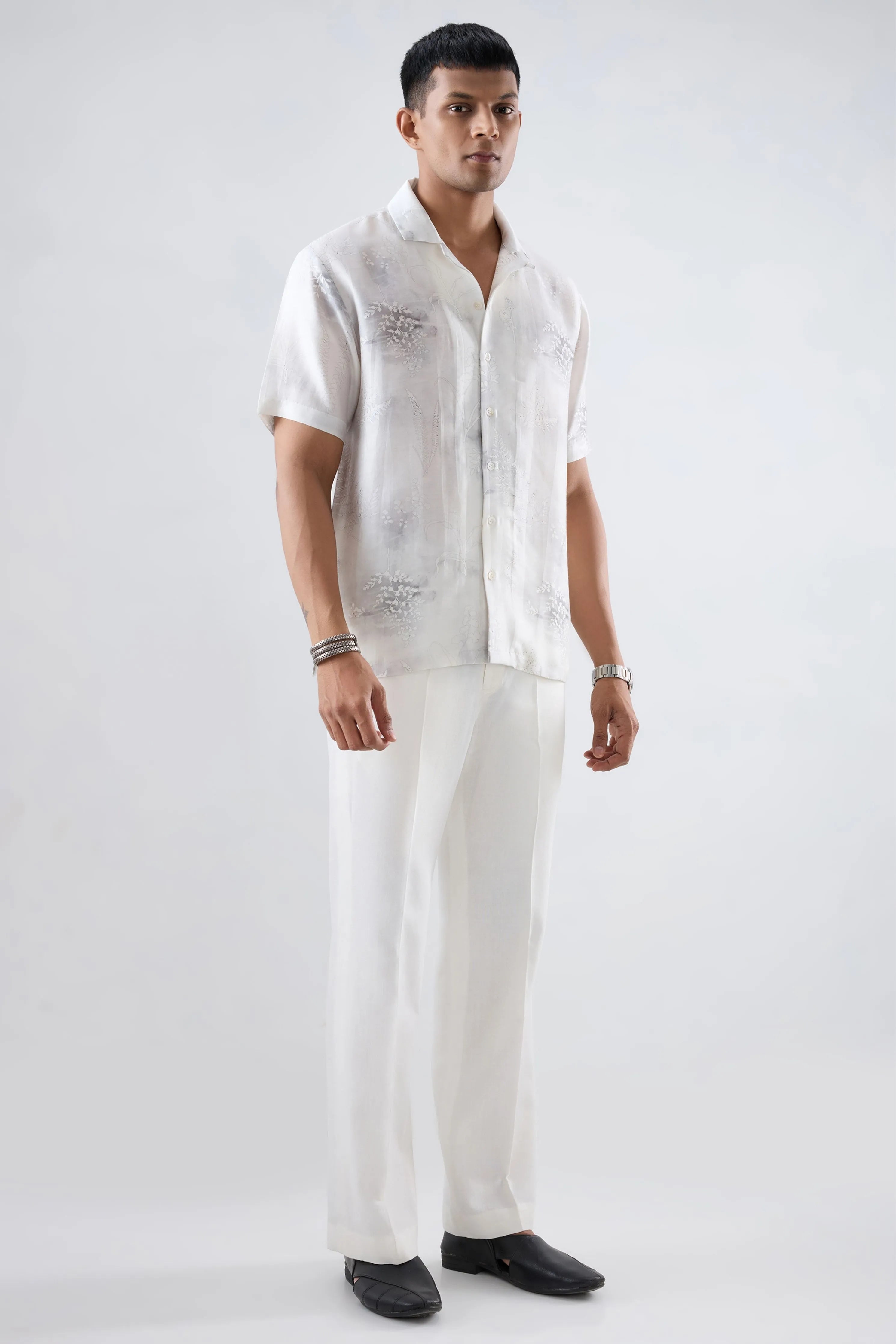 White Ecoprint Cuban Collar Shirt