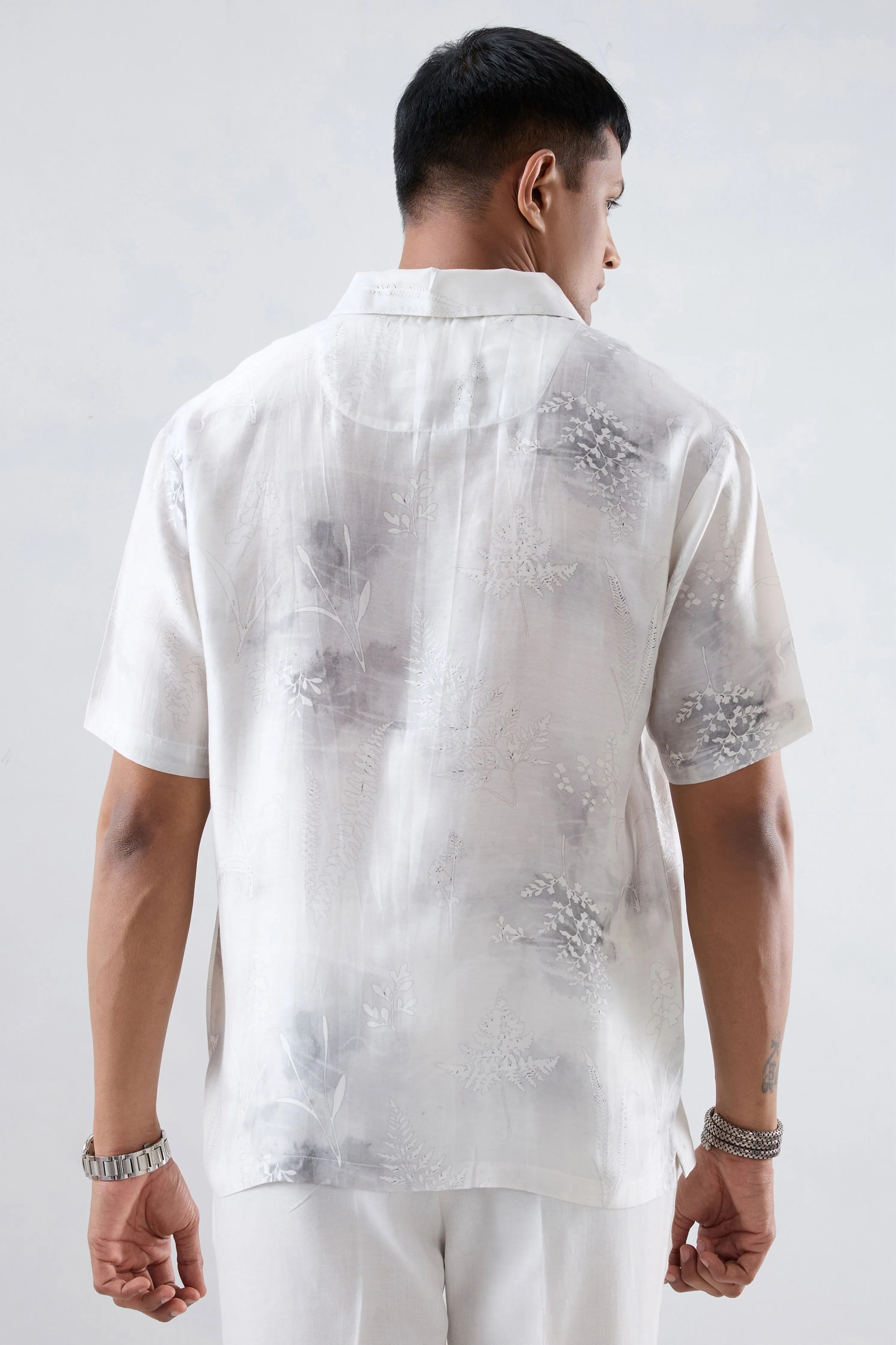 White Ecoprint Cuban Collar Shirt