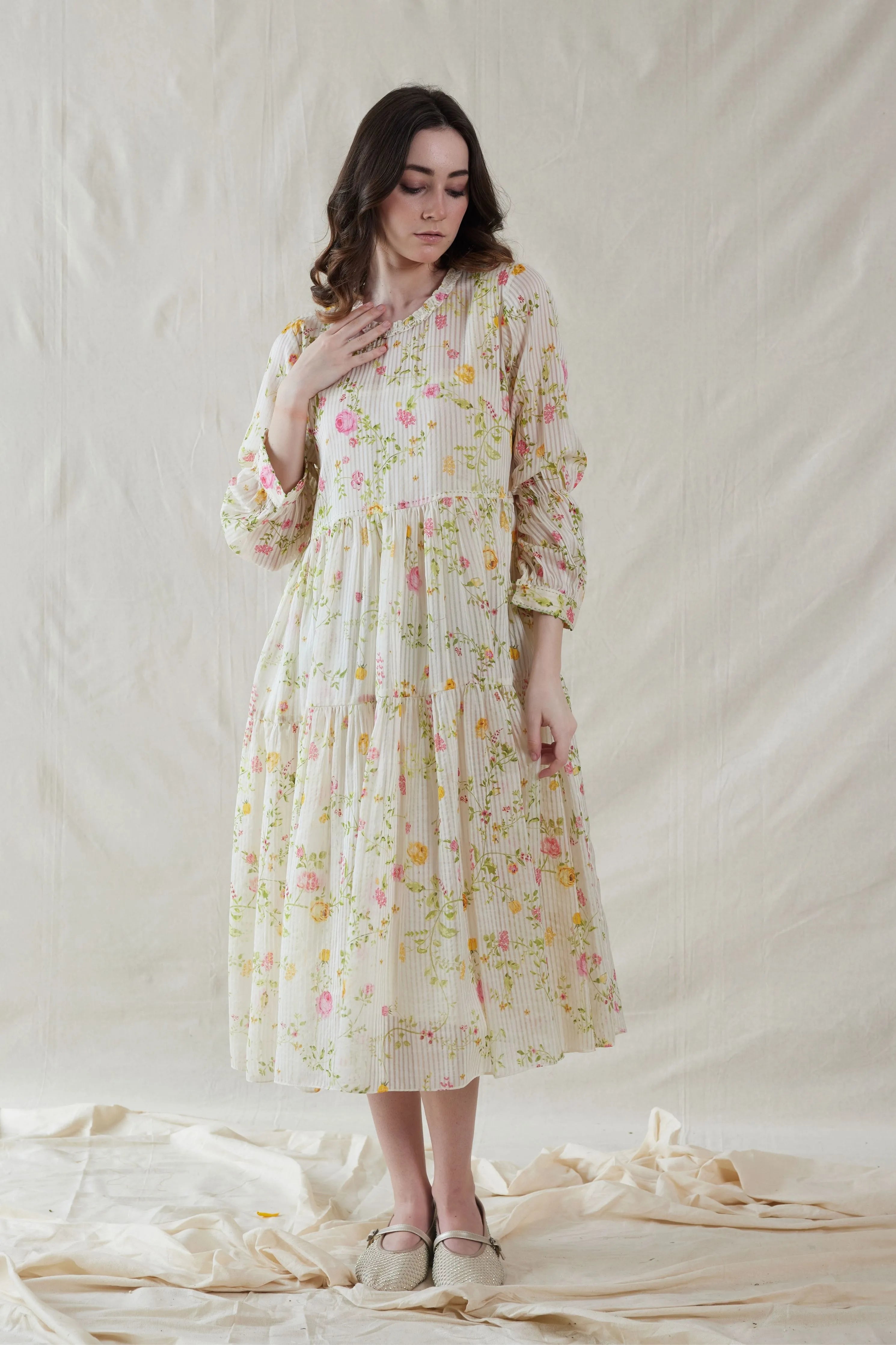Pink Floral Hand Woven Cotton Silk Dress