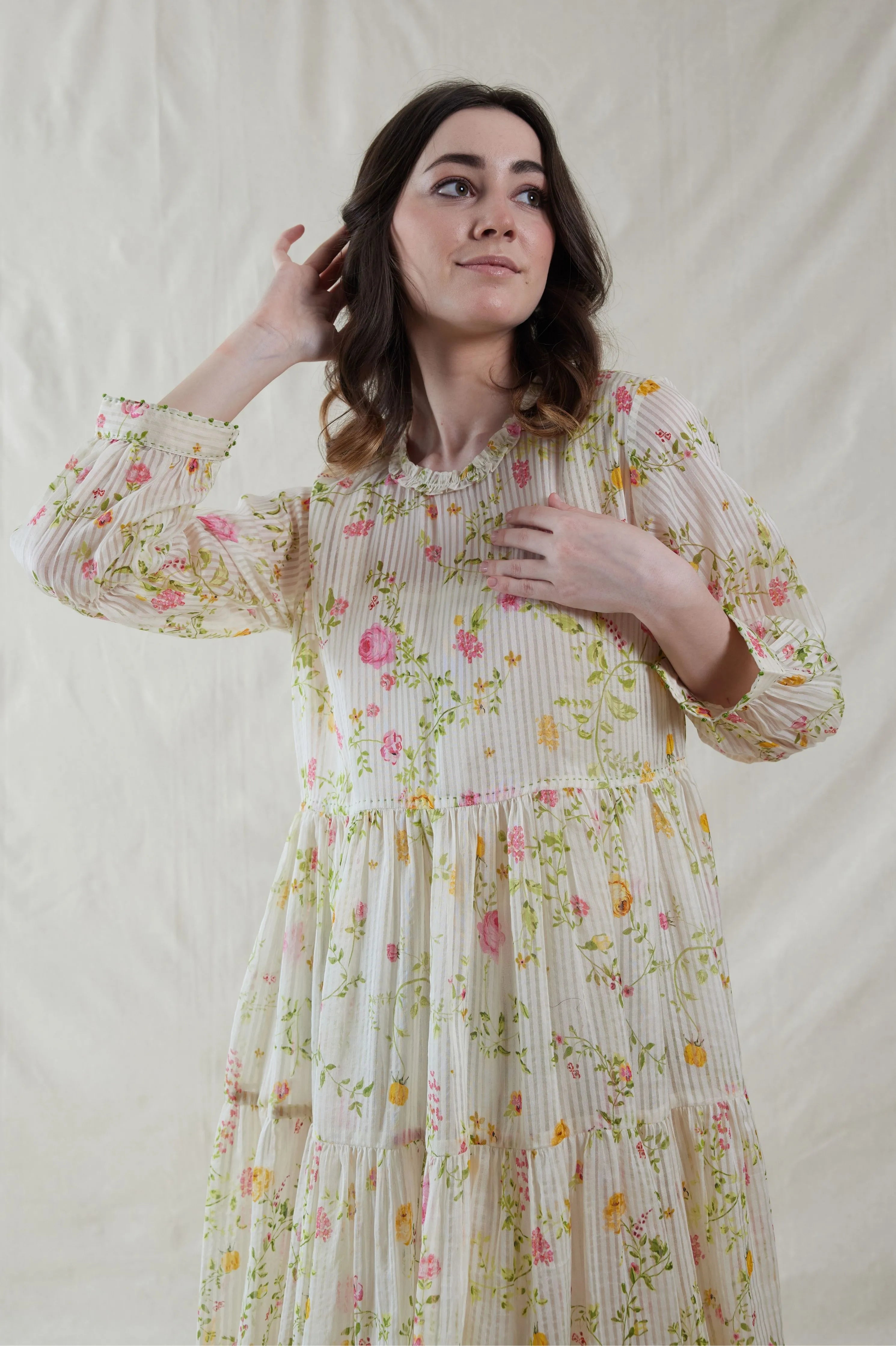 Pink Floral Hand Woven Cotton Silk Dress