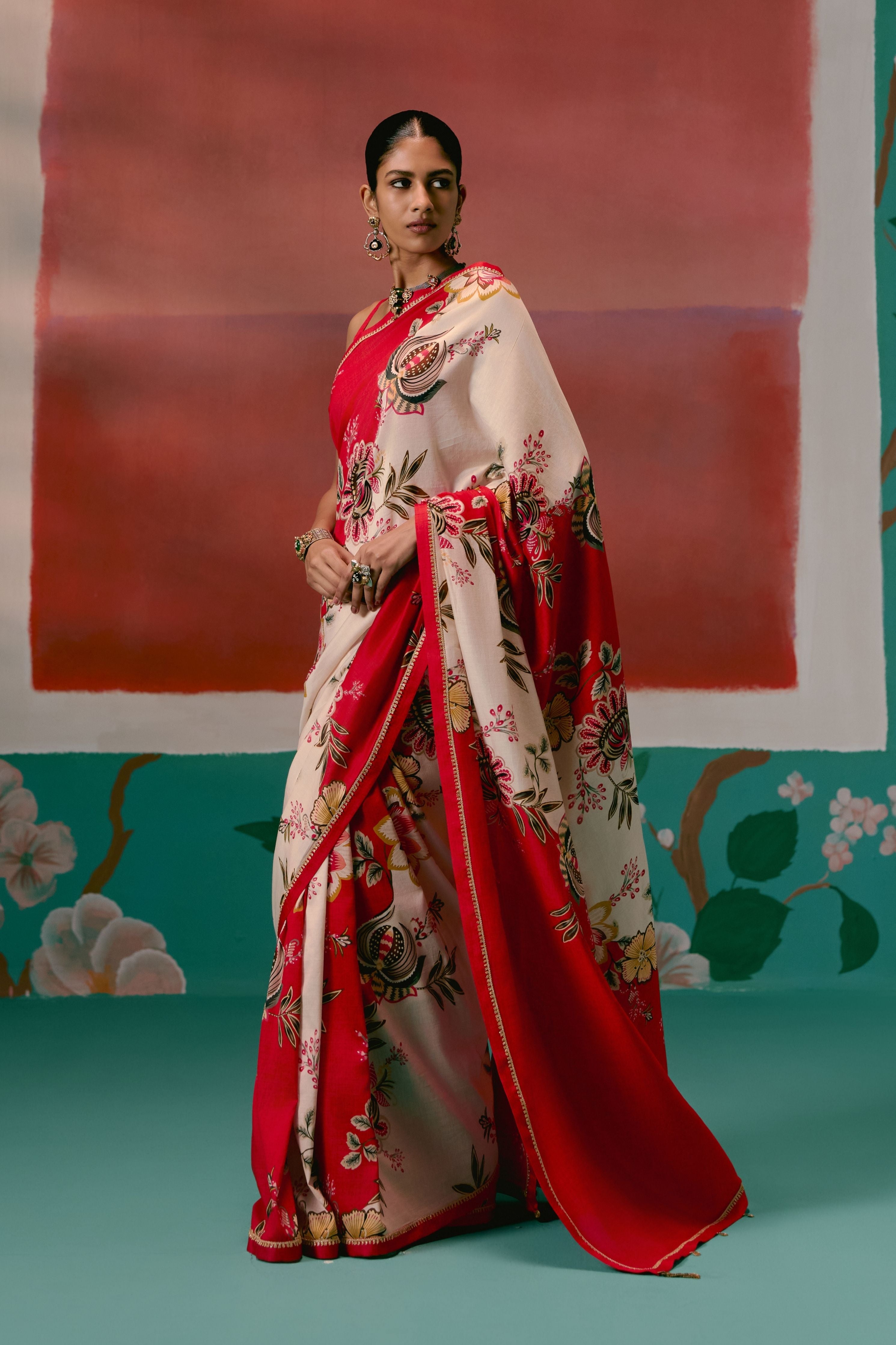 Ecru And Red Floral Saree