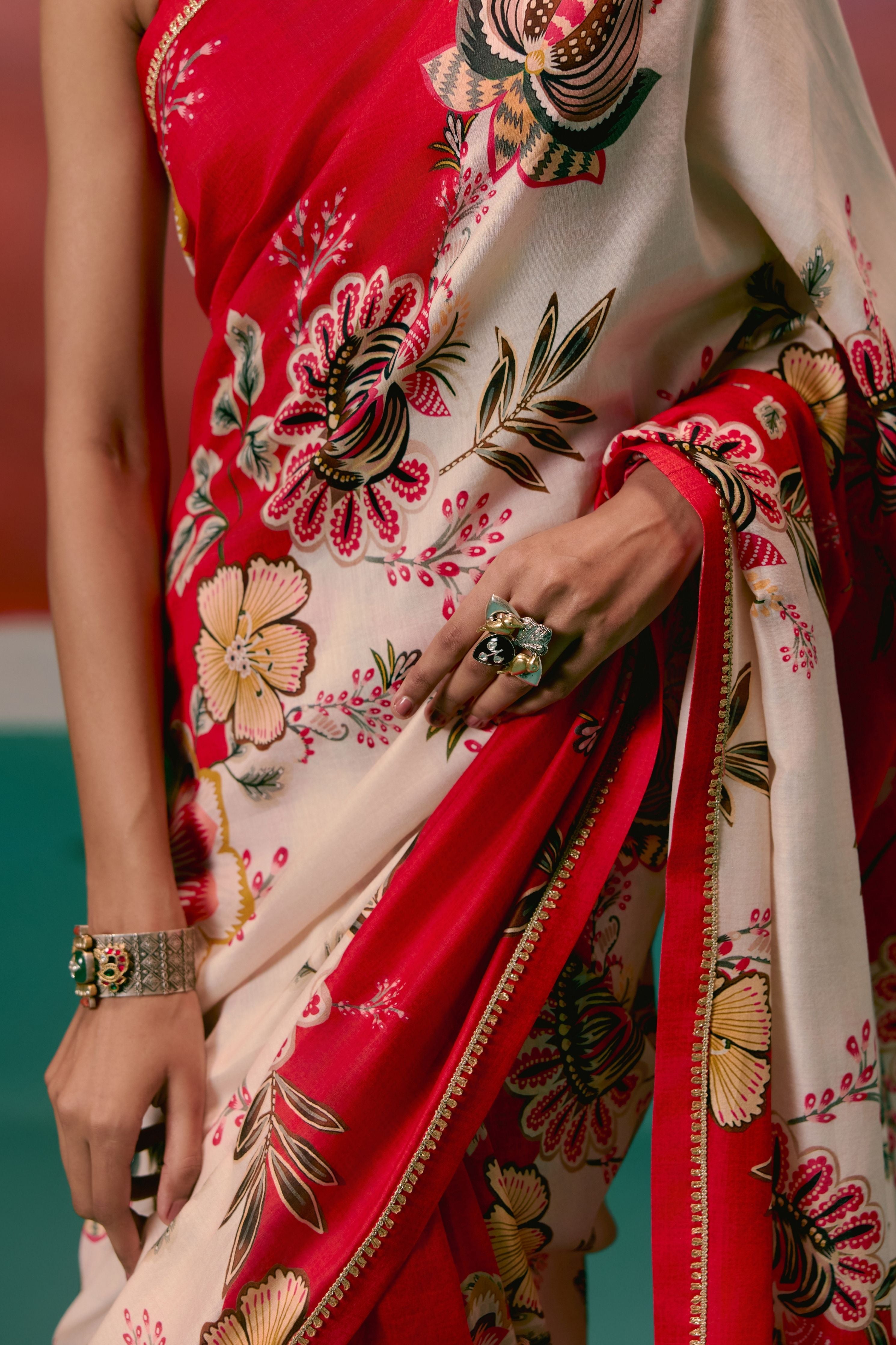 Ecru And Red Floral Saree