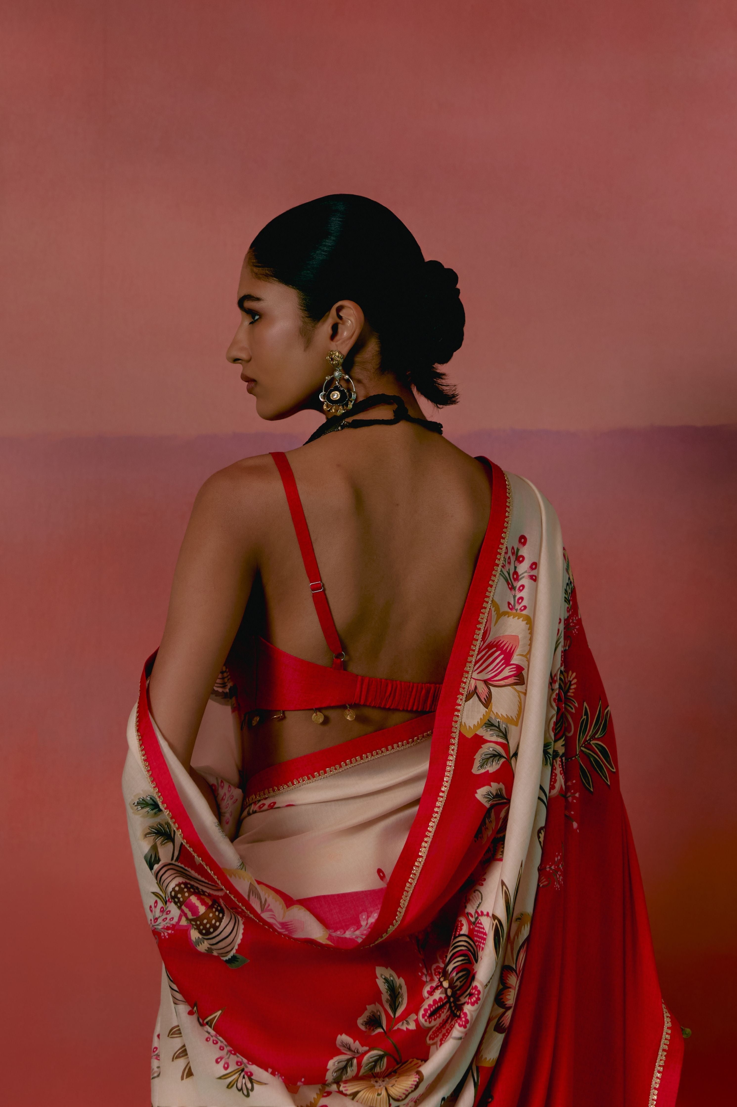 Ecru And Red Floral Saree