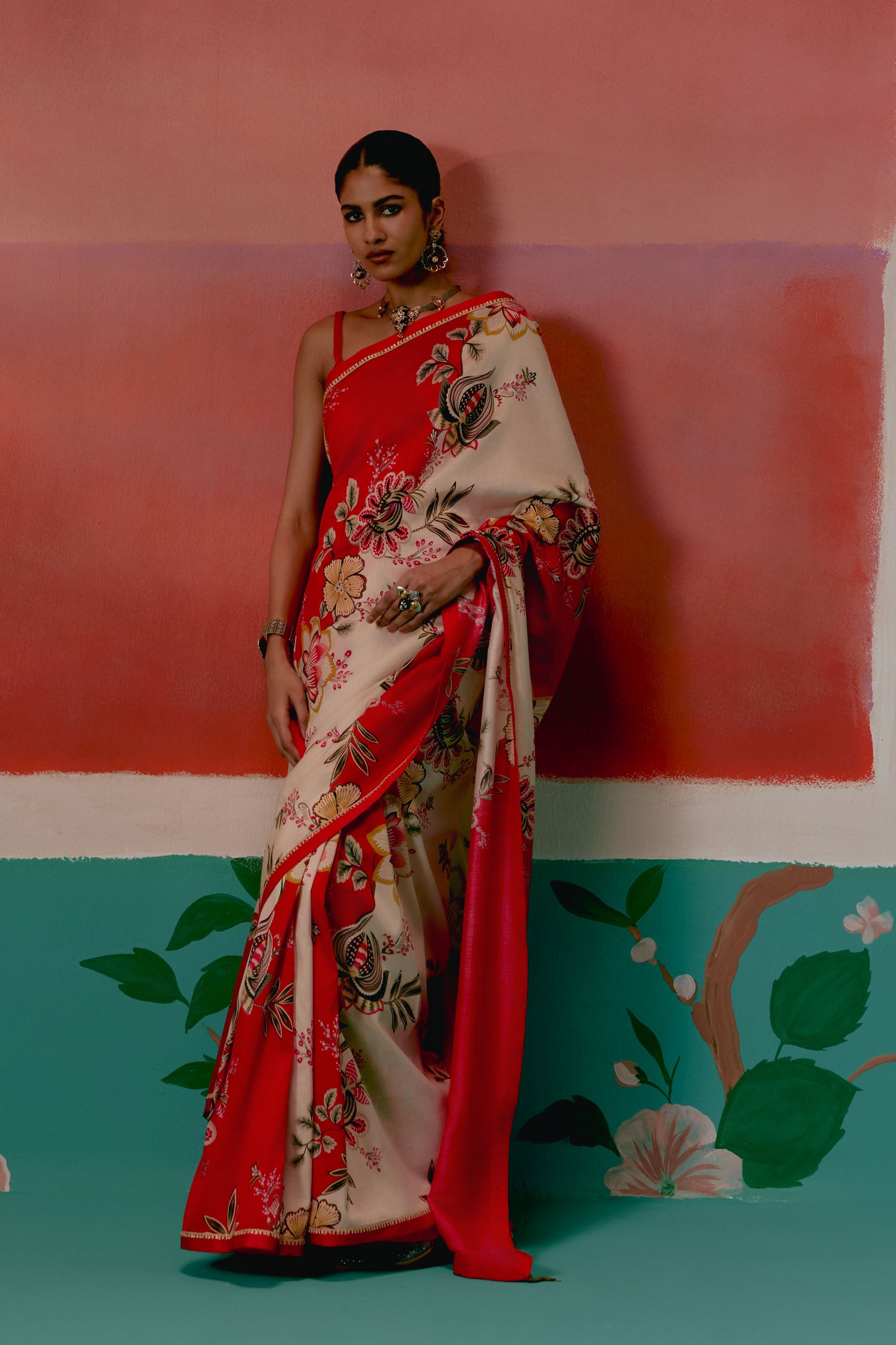 Ecru And Red Floral Saree