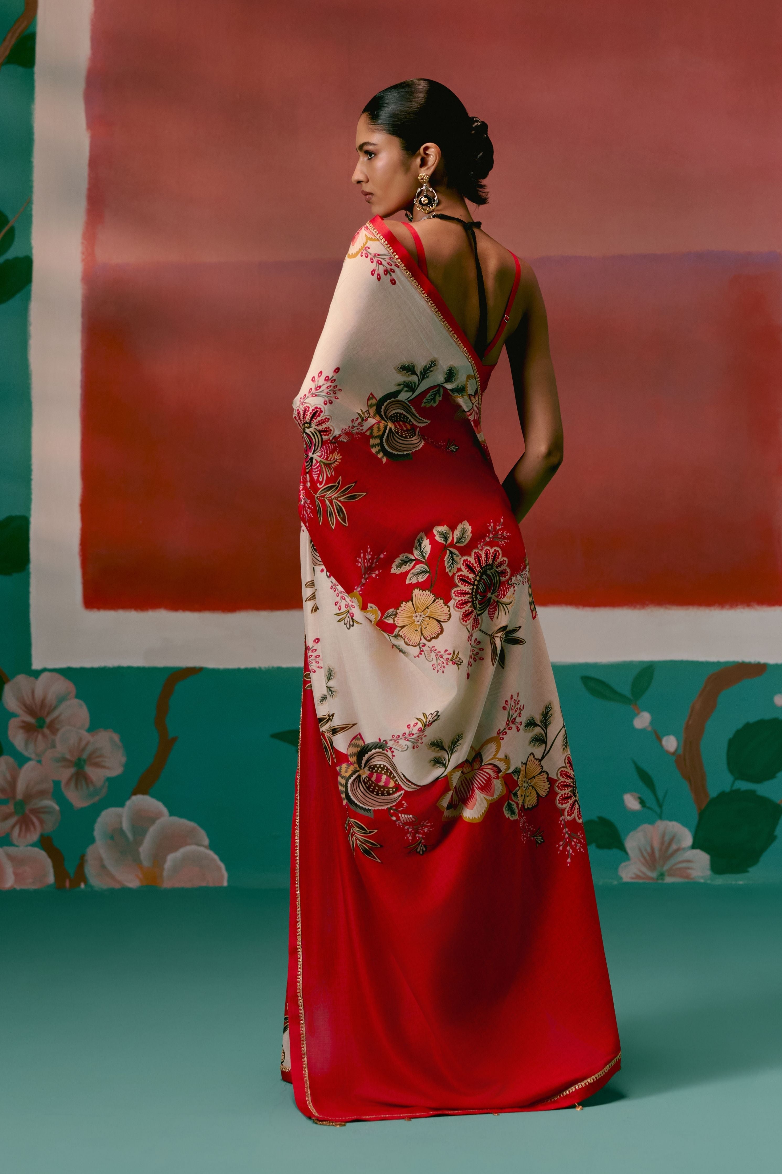 Ecru And Red Floral Saree