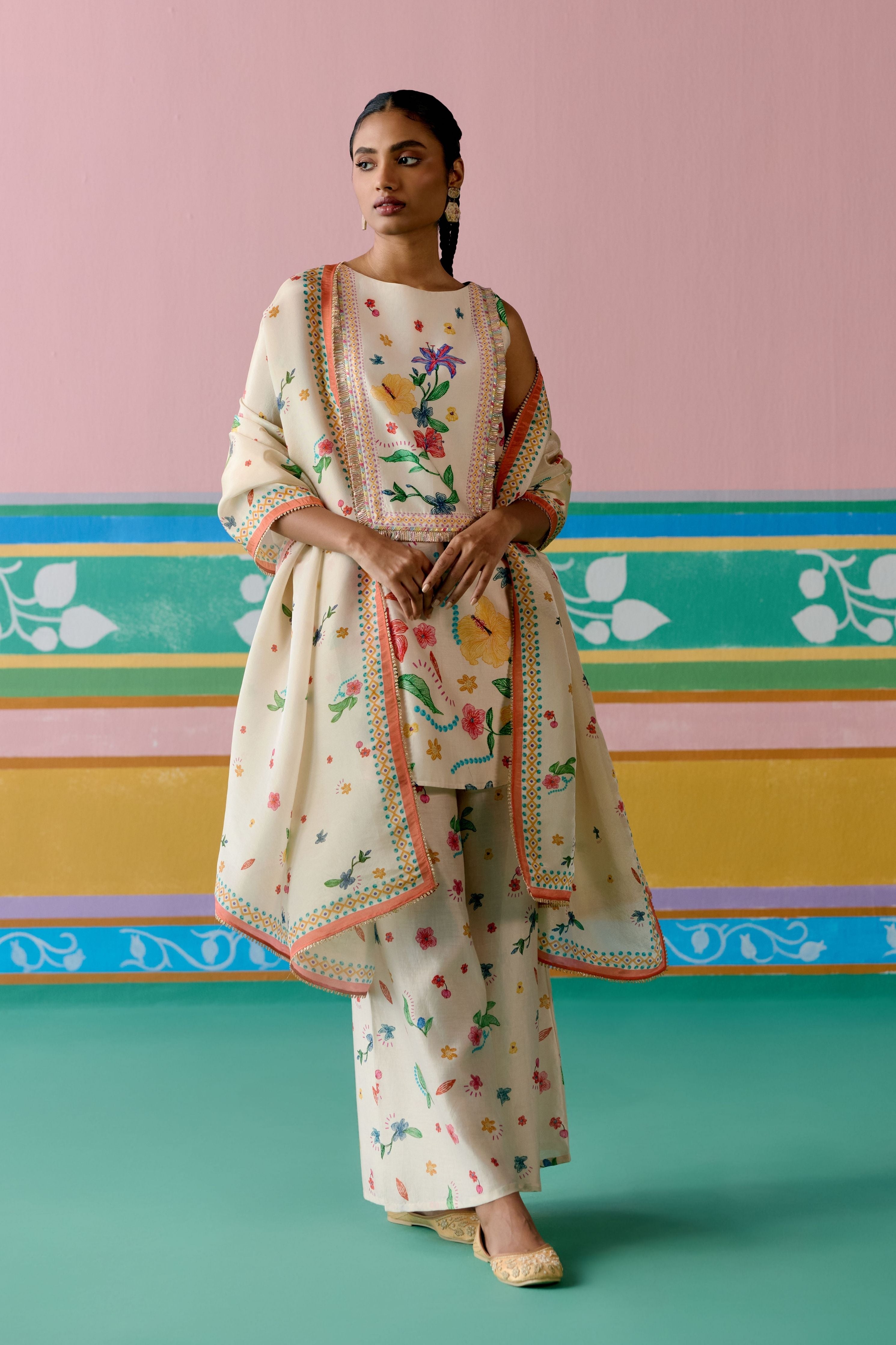 Ecru Floral Sleeveless Kurta with Dupatta