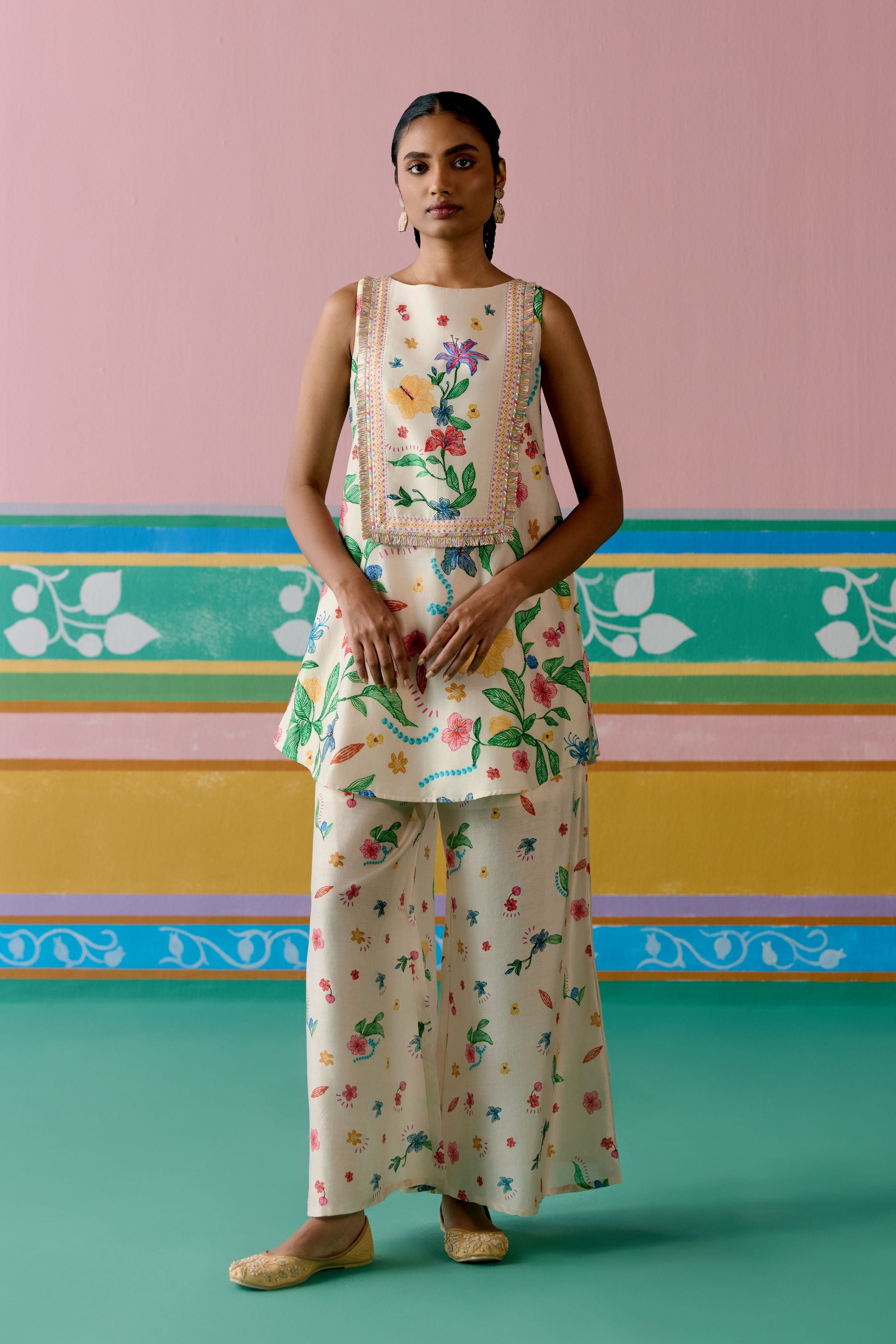 Ecru Floral Sleeveless Kurta with Dupatta