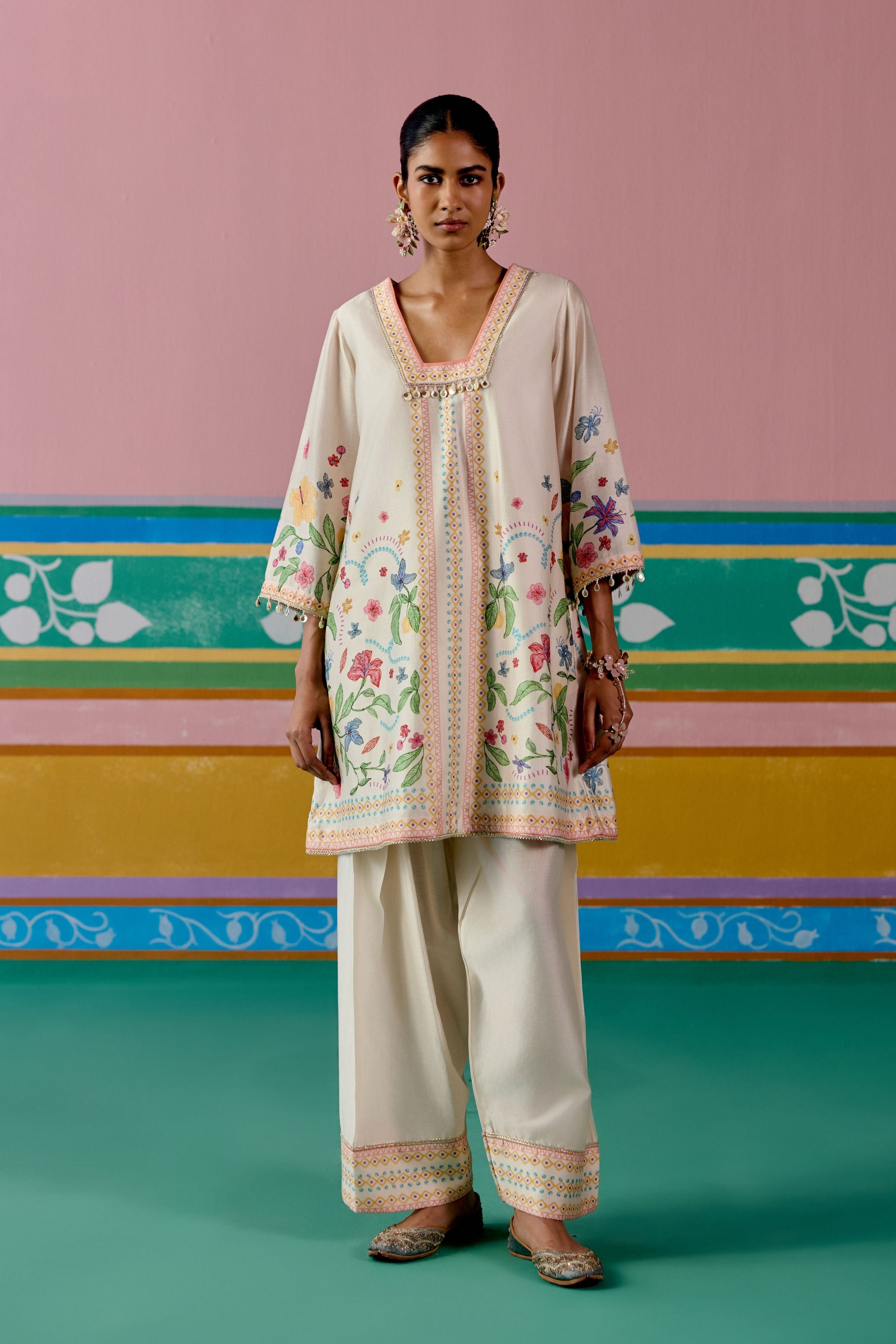 Ecru Floral Square Neck Kurta Set