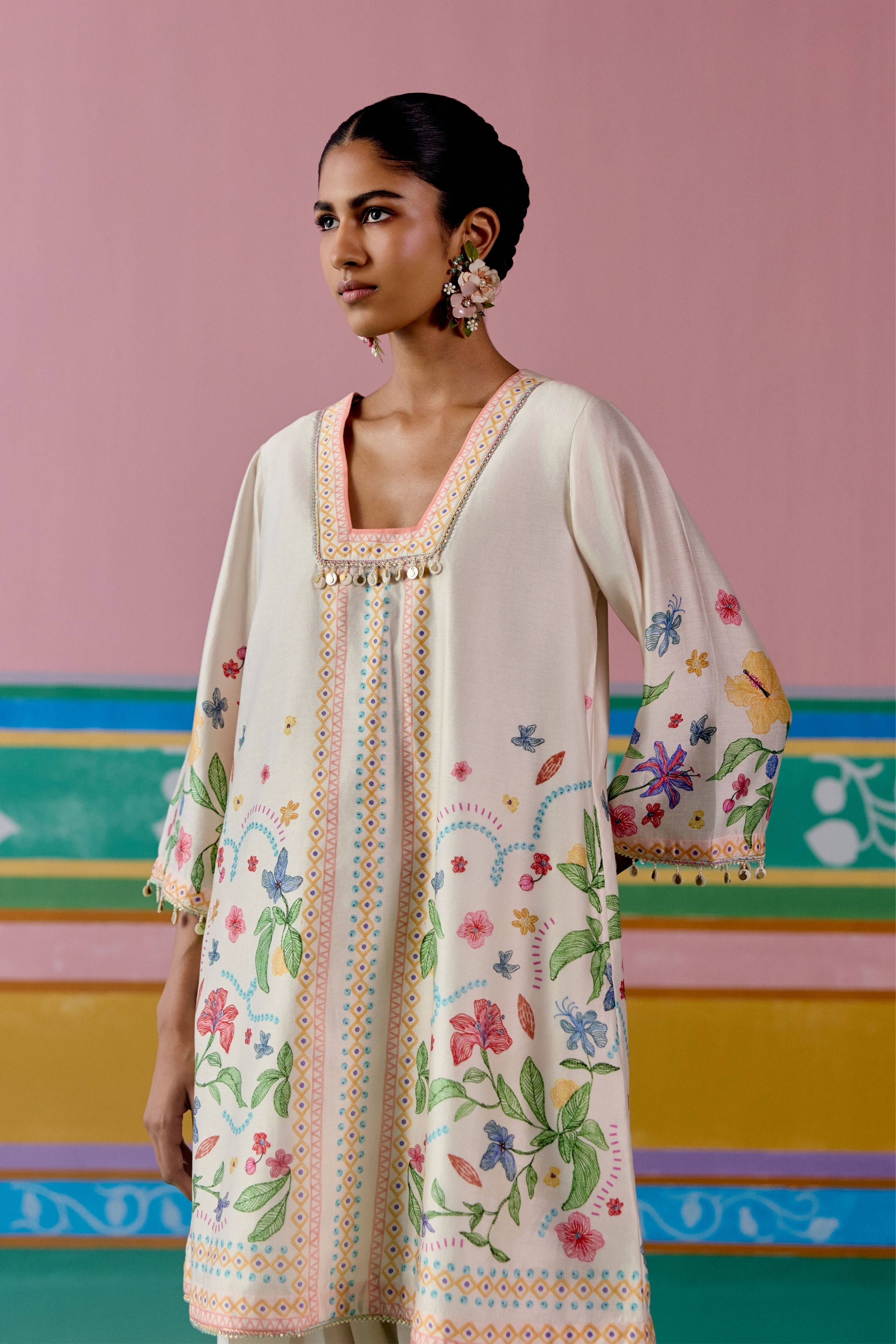 Ecru Floral Square Neck Kurta Set