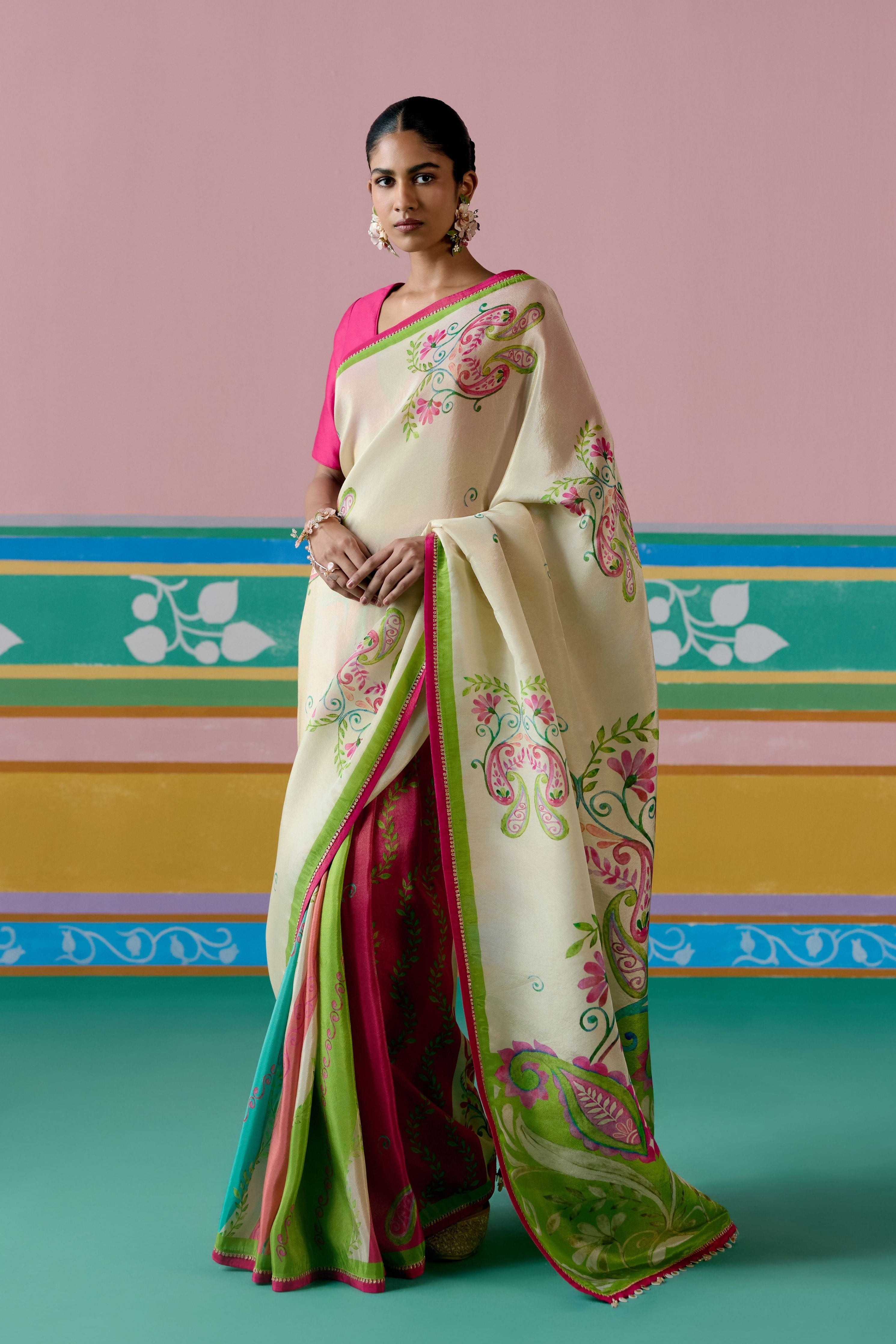 Ecru & Green Paisley Saree