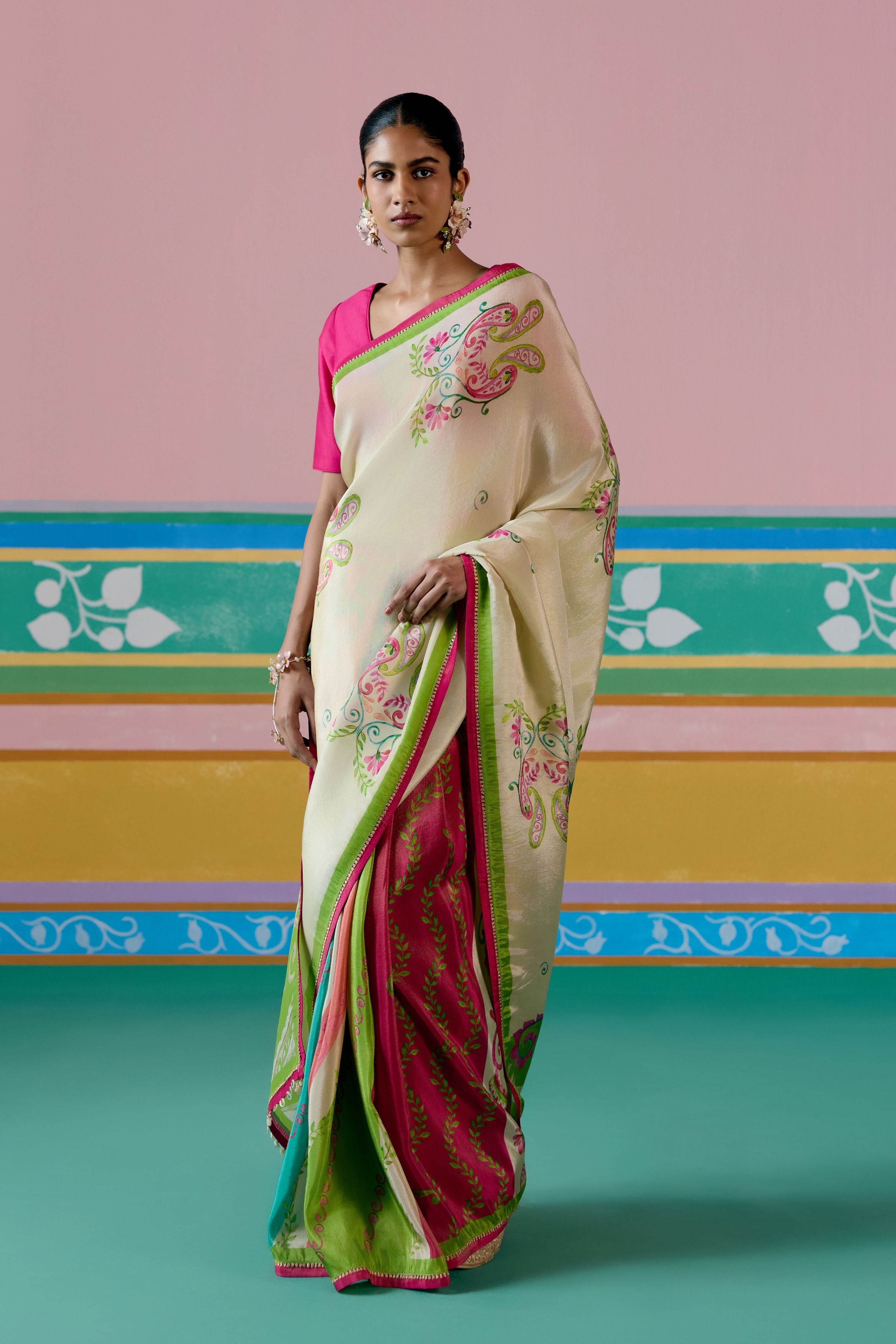 Ecru & Green Paisley Saree