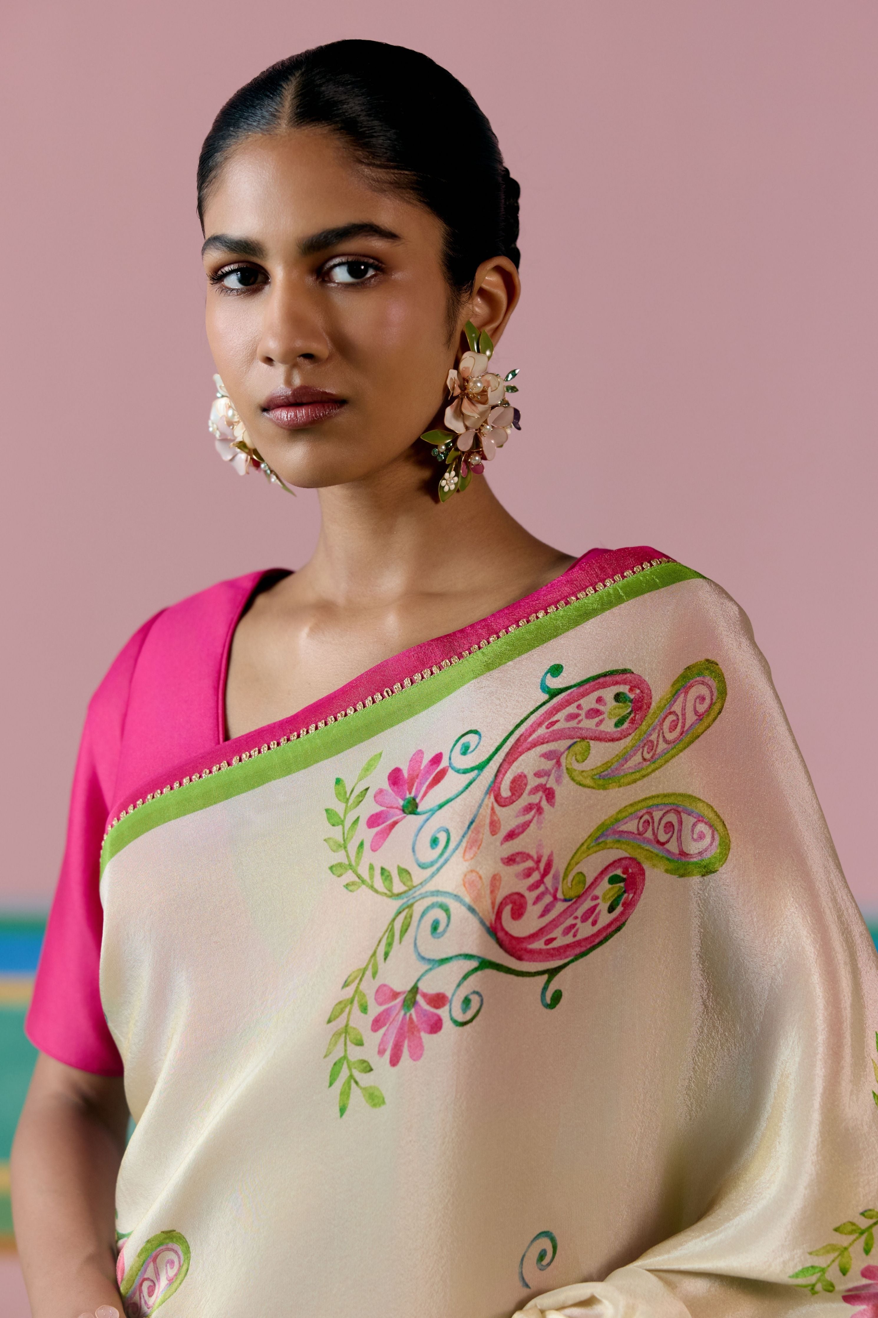 Ecru & Green Paisley Saree