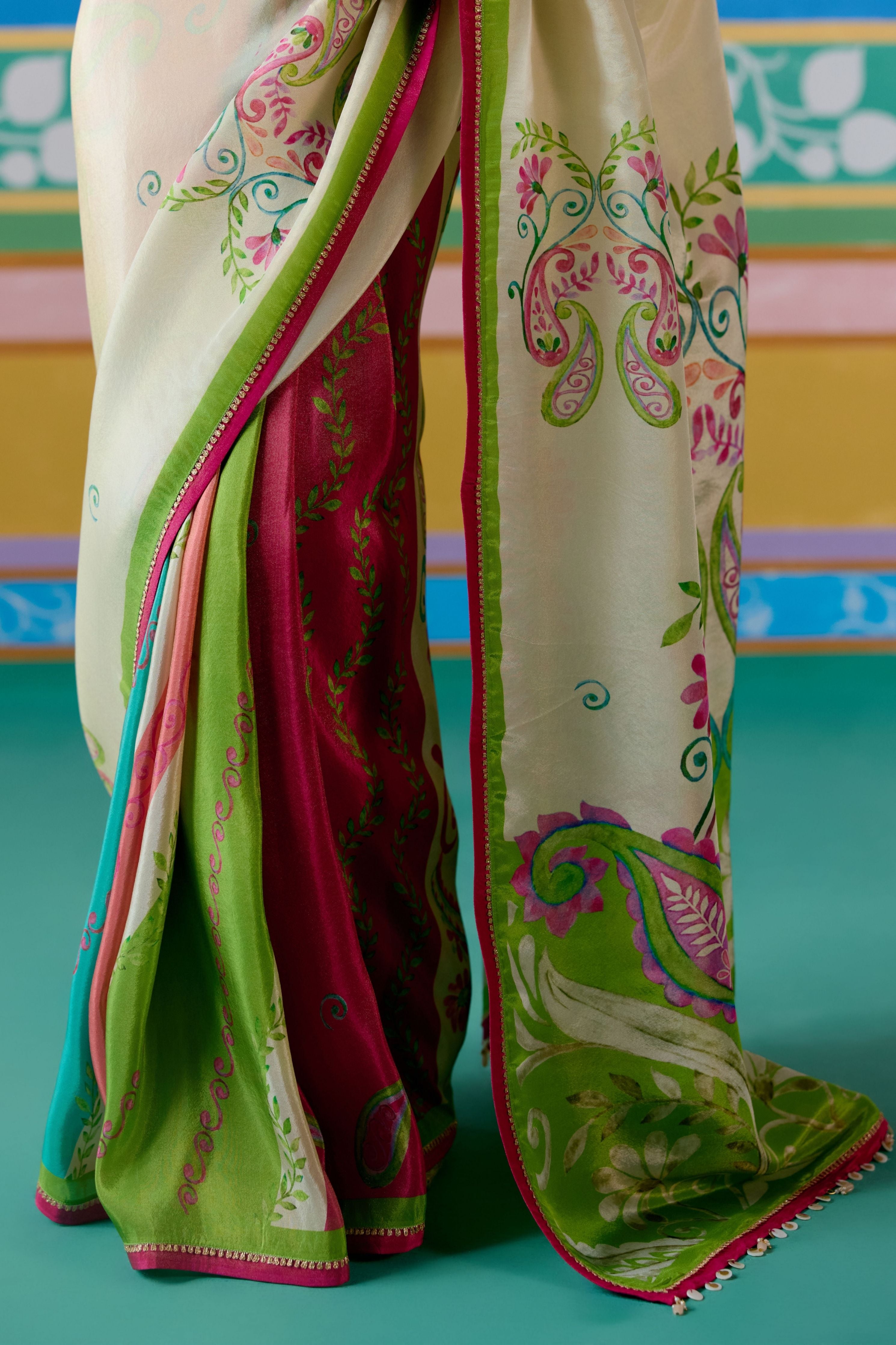 Ecru & Green Paisley Saree