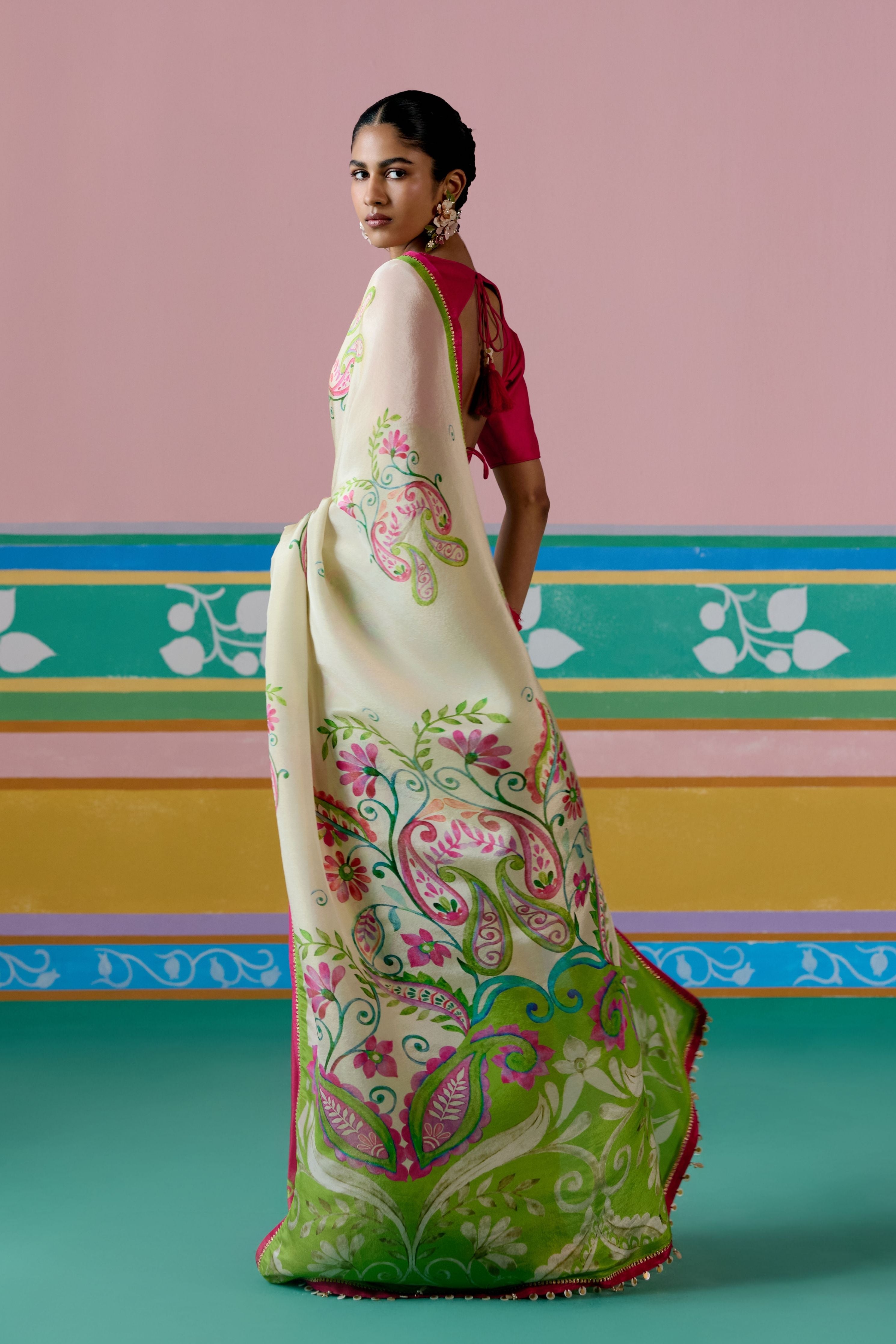 Ecru & Green Paisley Saree