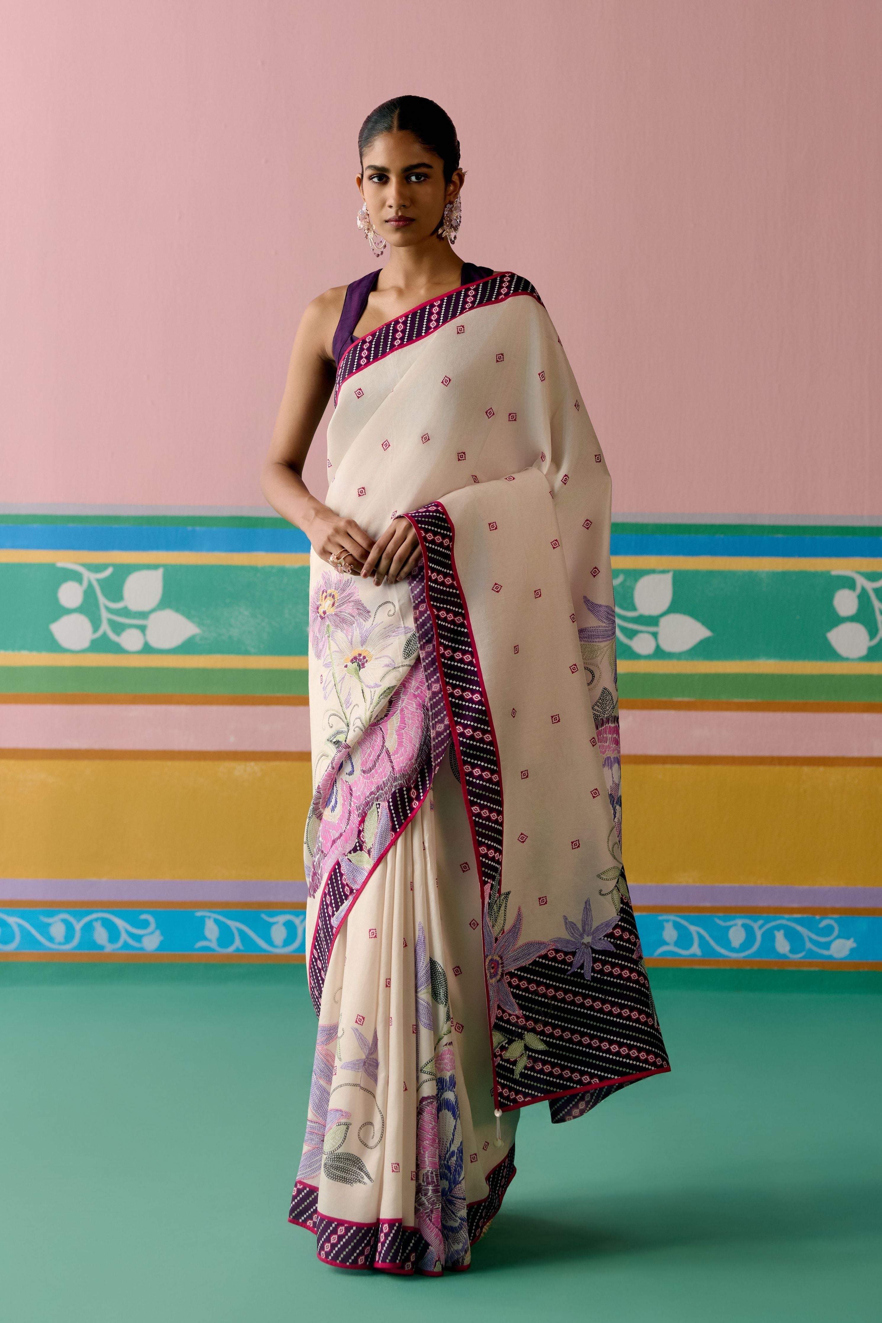 Ecru & Purple Ikkat Saree