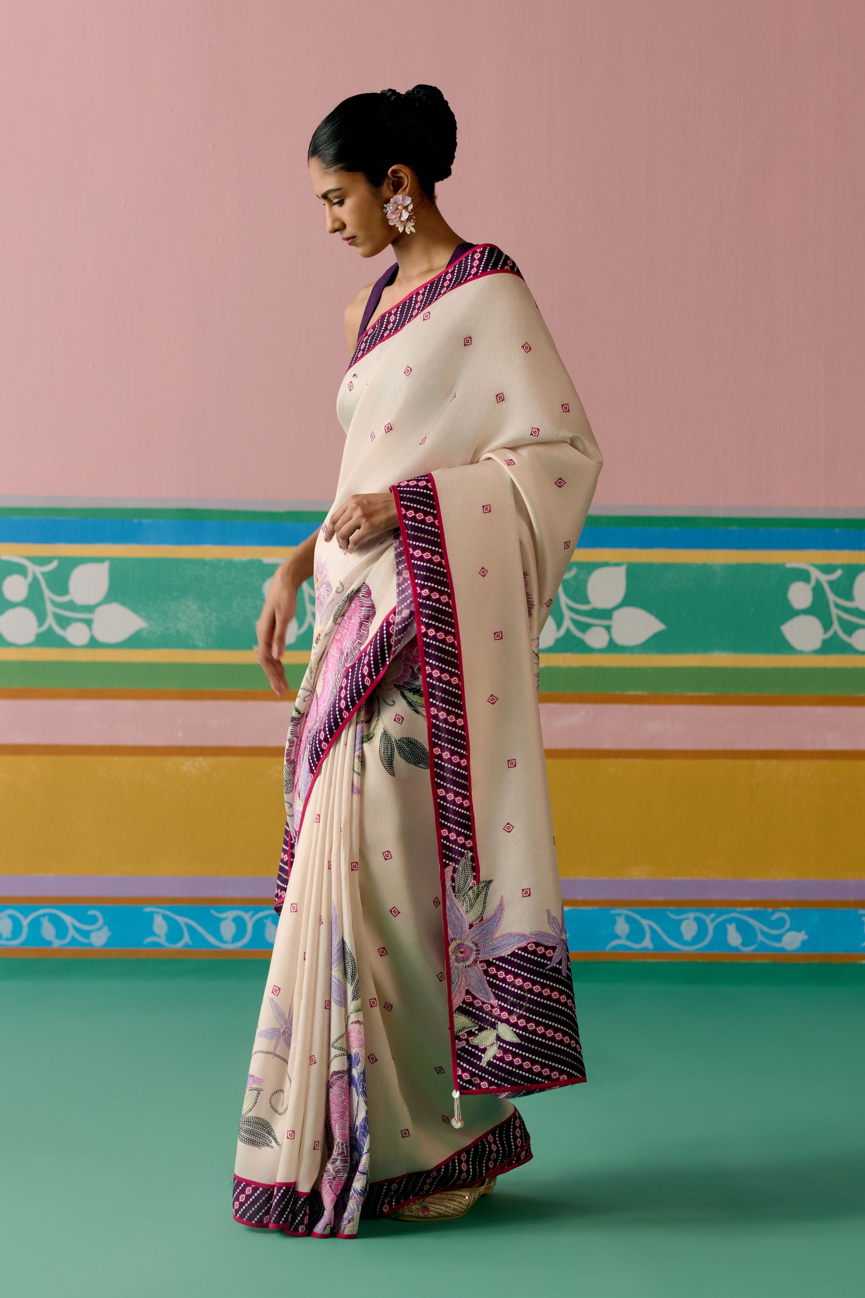 Ecru & Purple Ikkat Saree