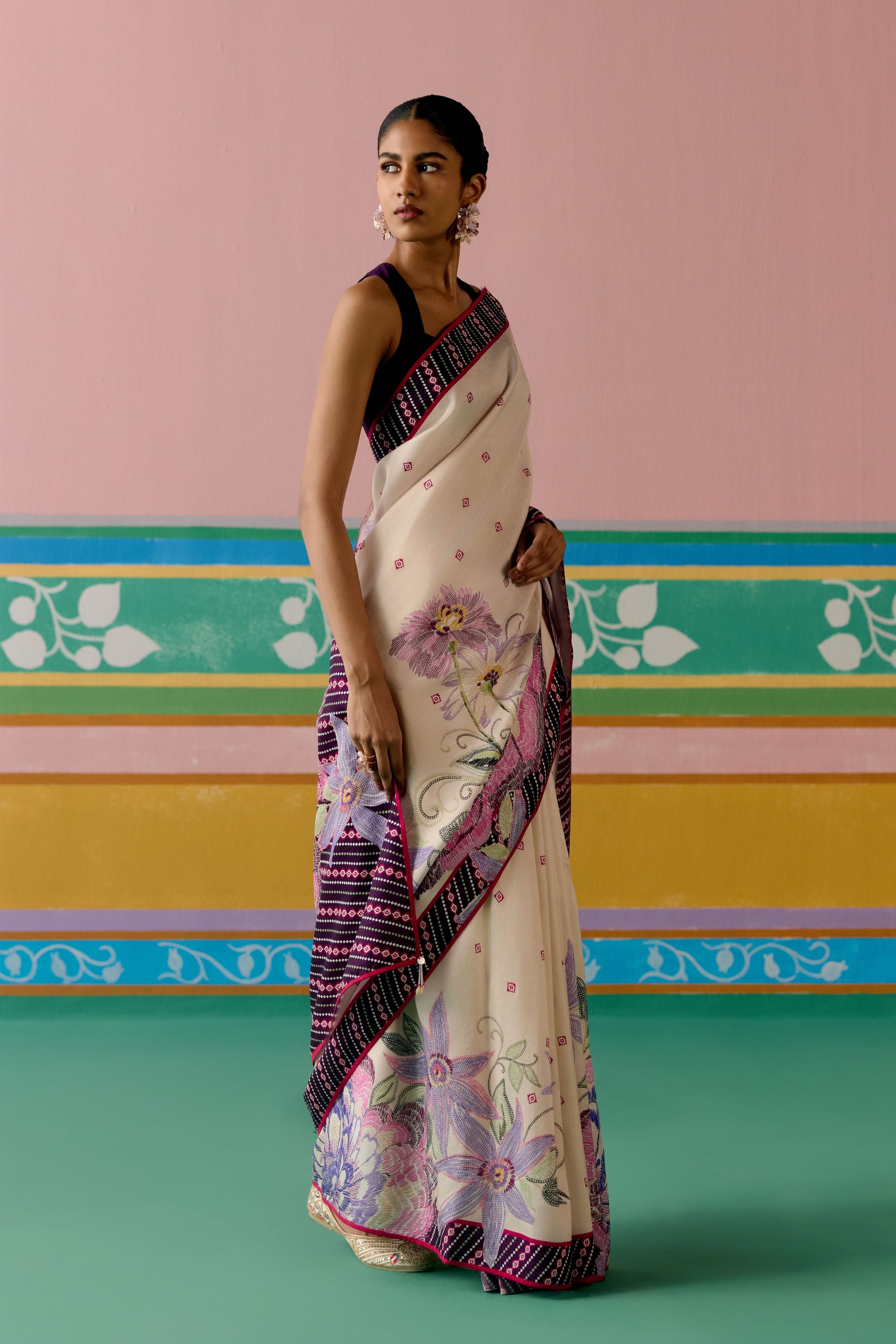 Ecru & Purple Ikkat Saree