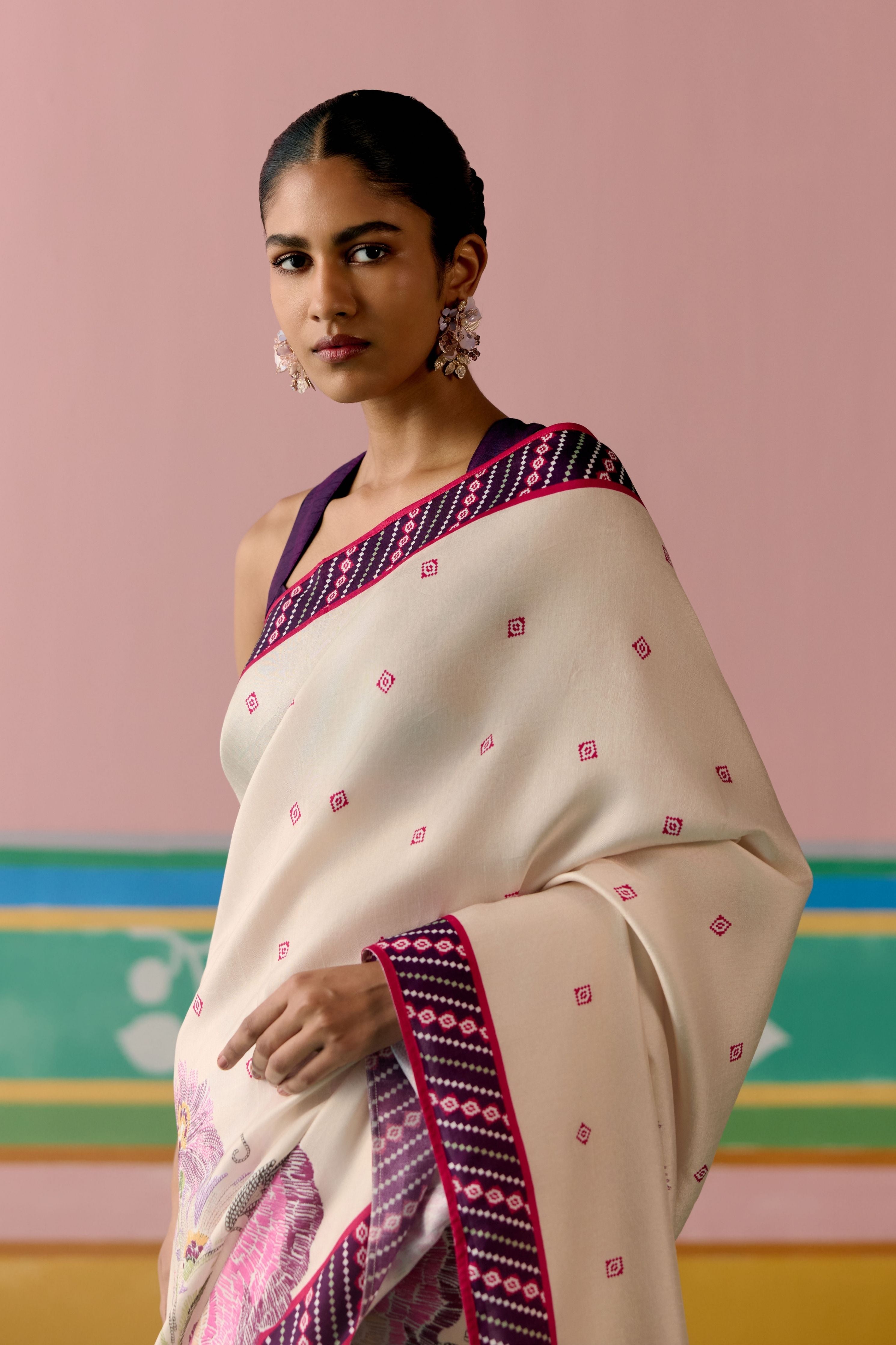 Ecru & Purple Ikkat Saree