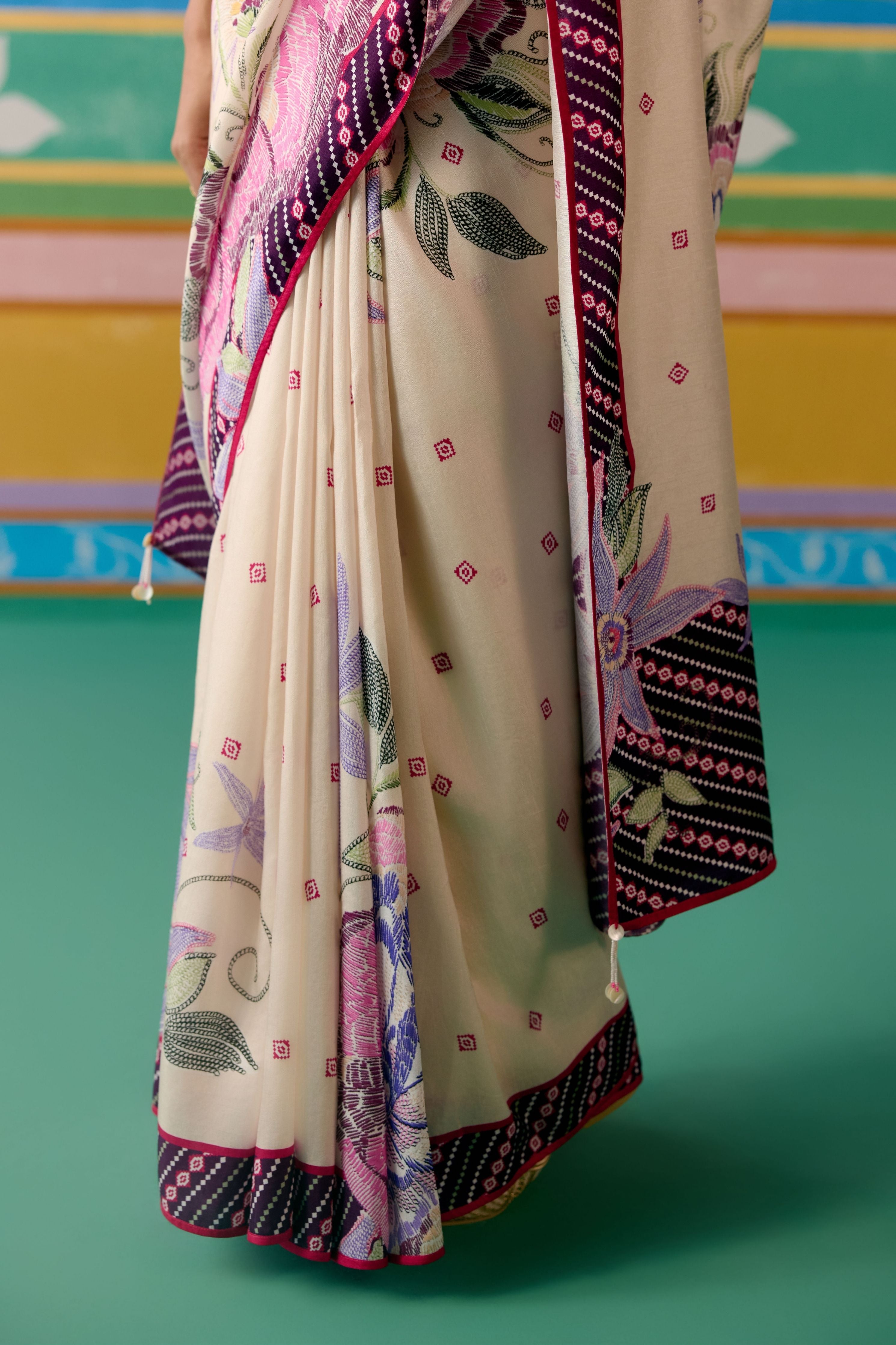 Ecru & Purple Ikkat Saree