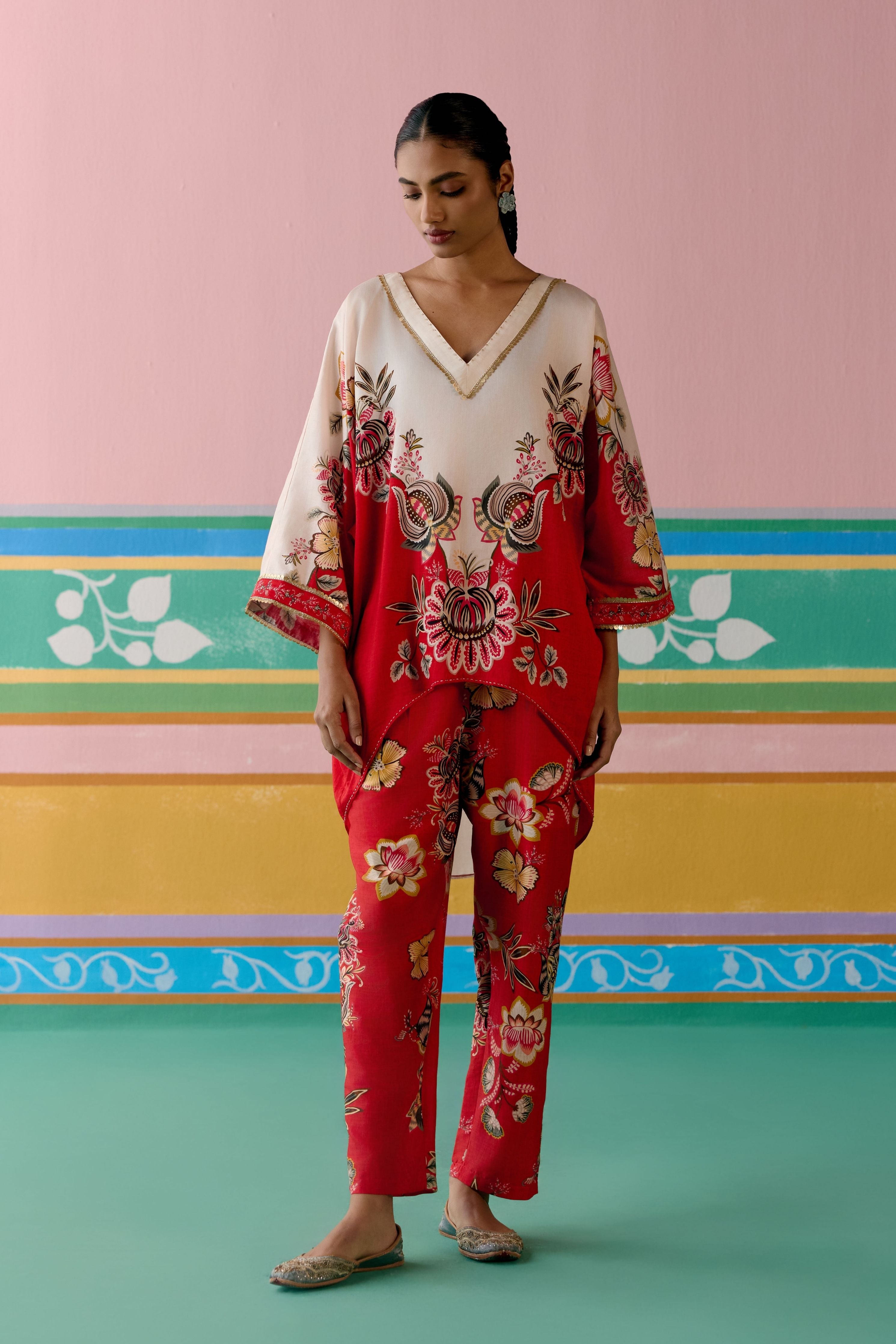 Ecru & Red Floral Short Kaftan Set