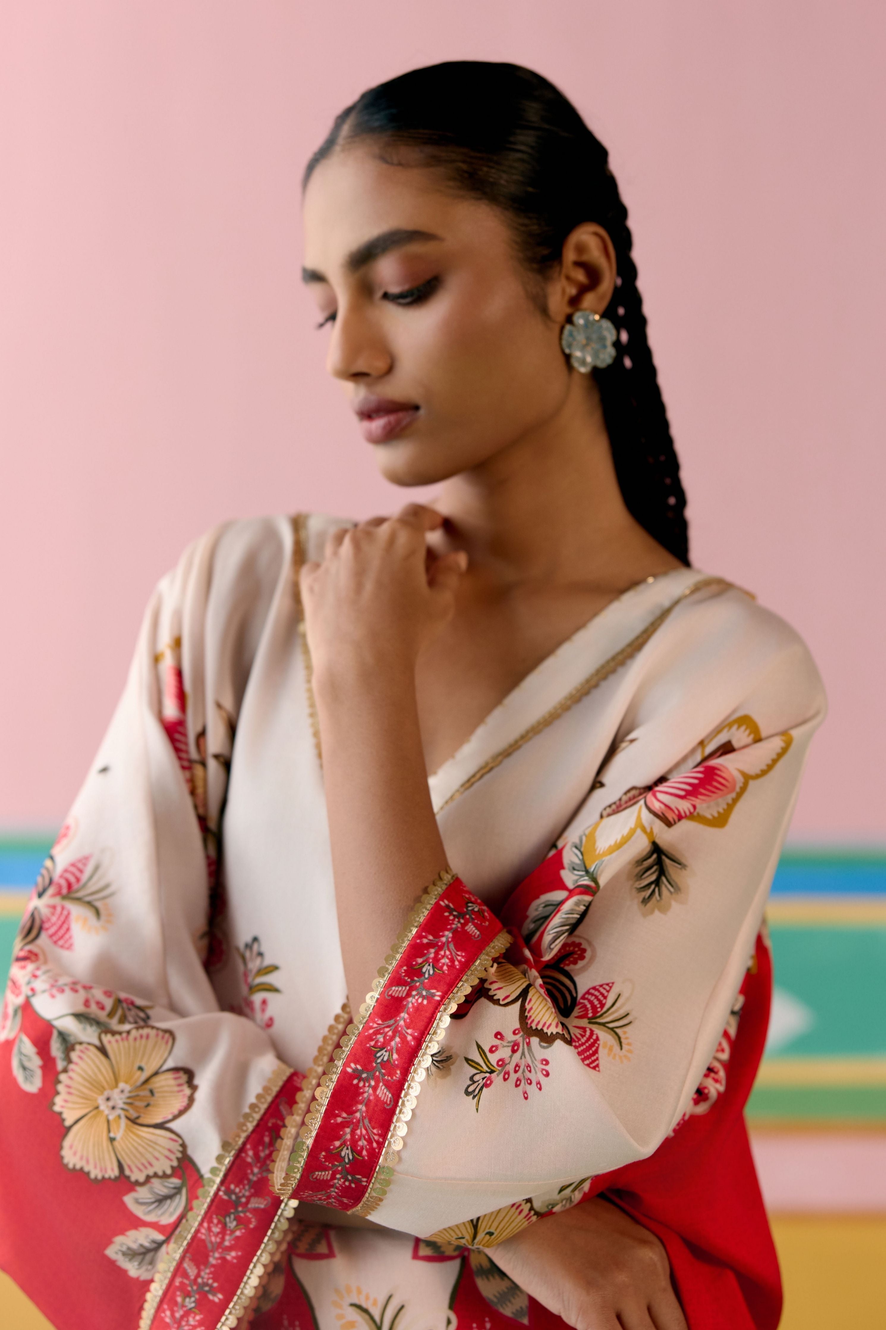 Ecru & Red Floral Short Kaftan Set