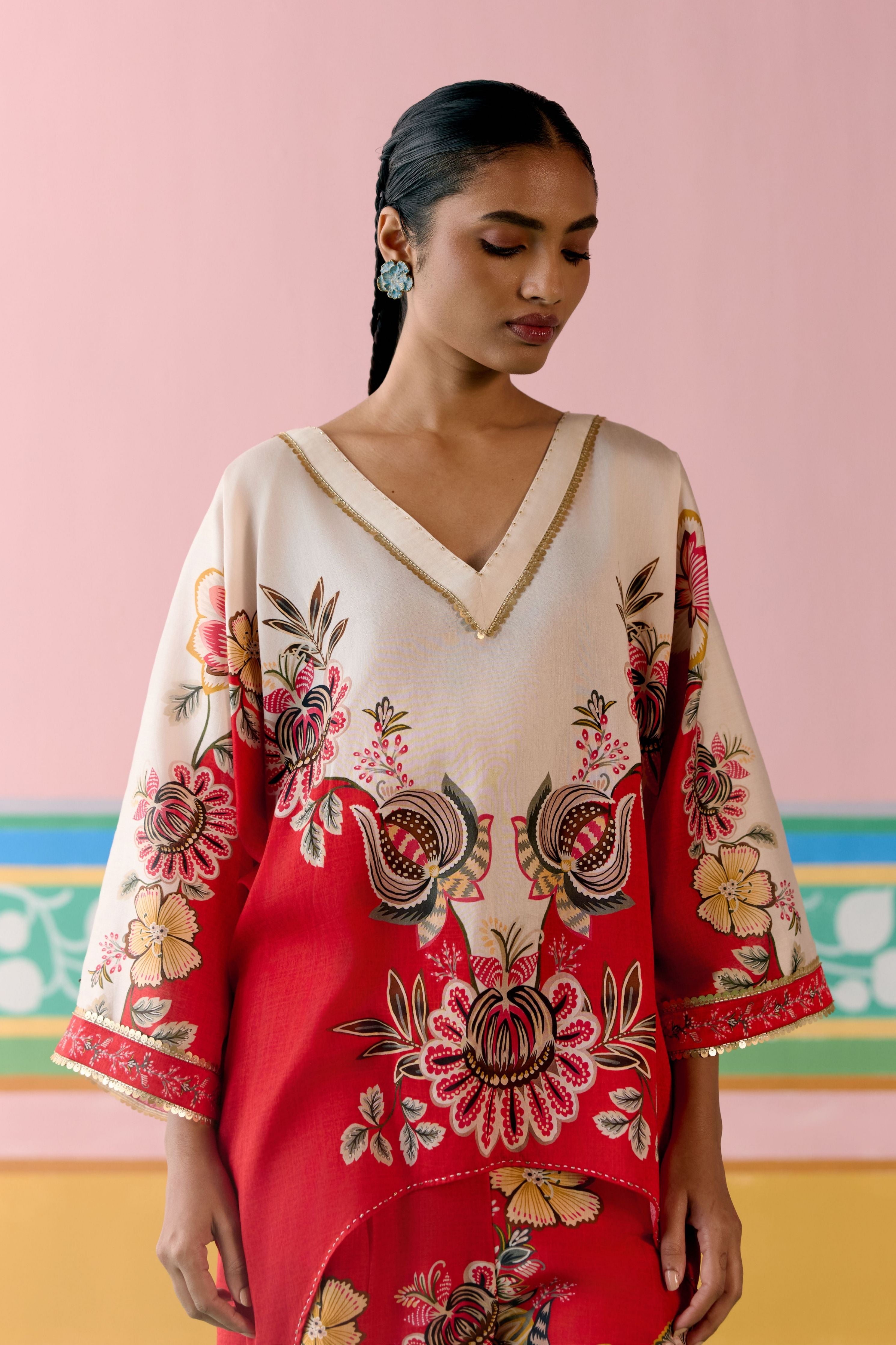 Ecru & Red Floral Short Kaftan Set