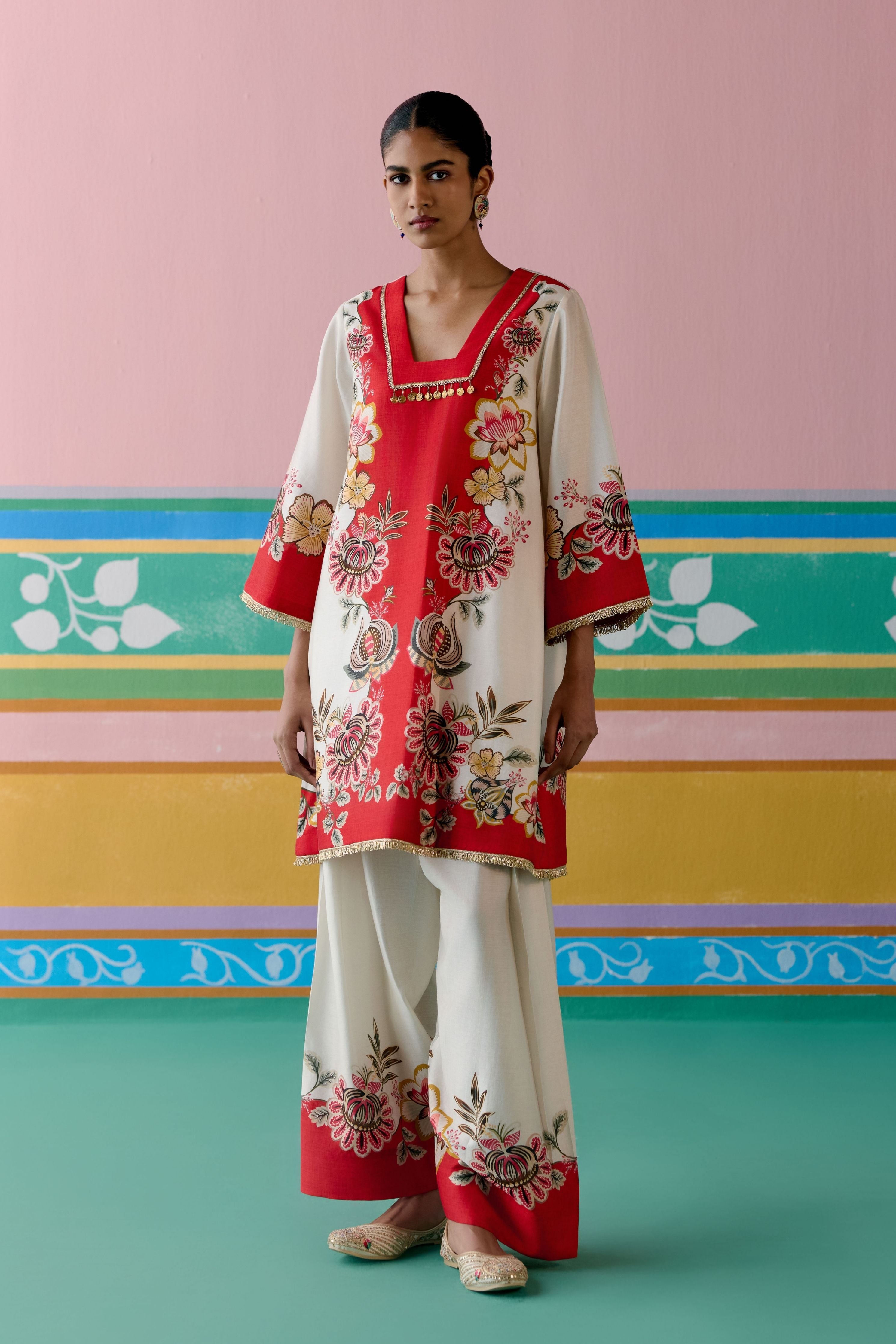 Ecru & Red Floral Square Neck Kurta Set