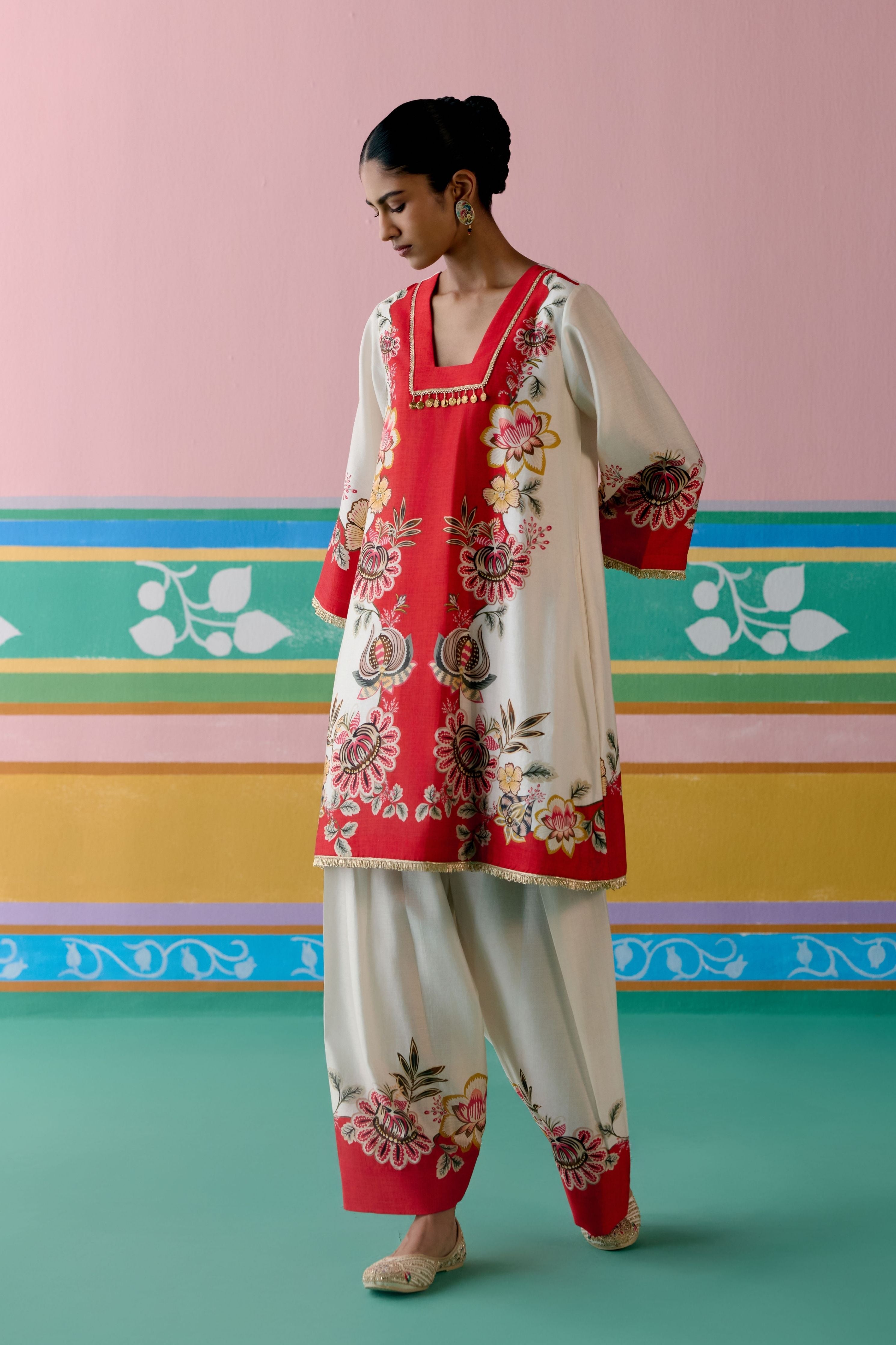 Ecru & Red Floral Square Neck Kurta Set