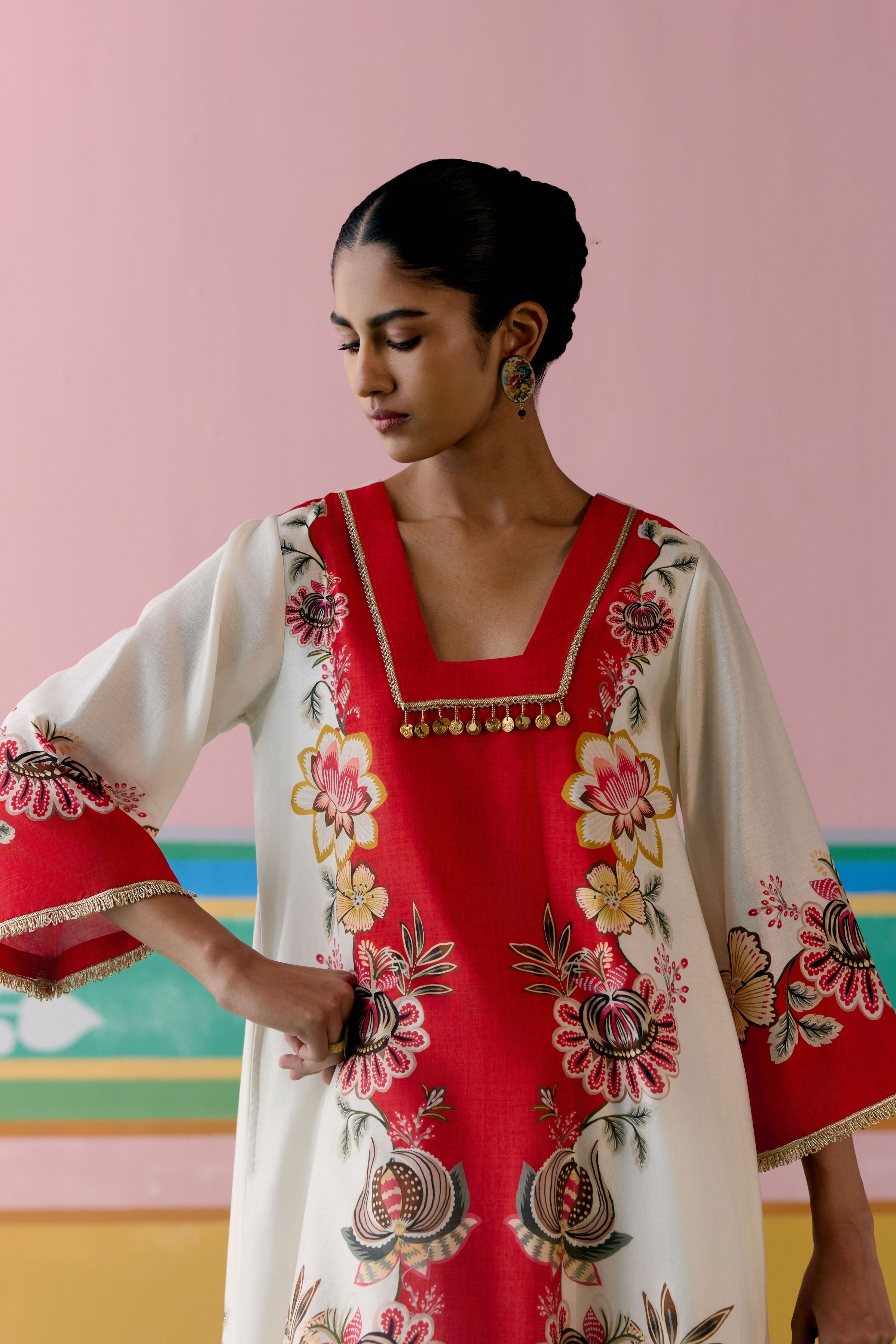 Ecru & Red Floral Square Neck Kurta Set