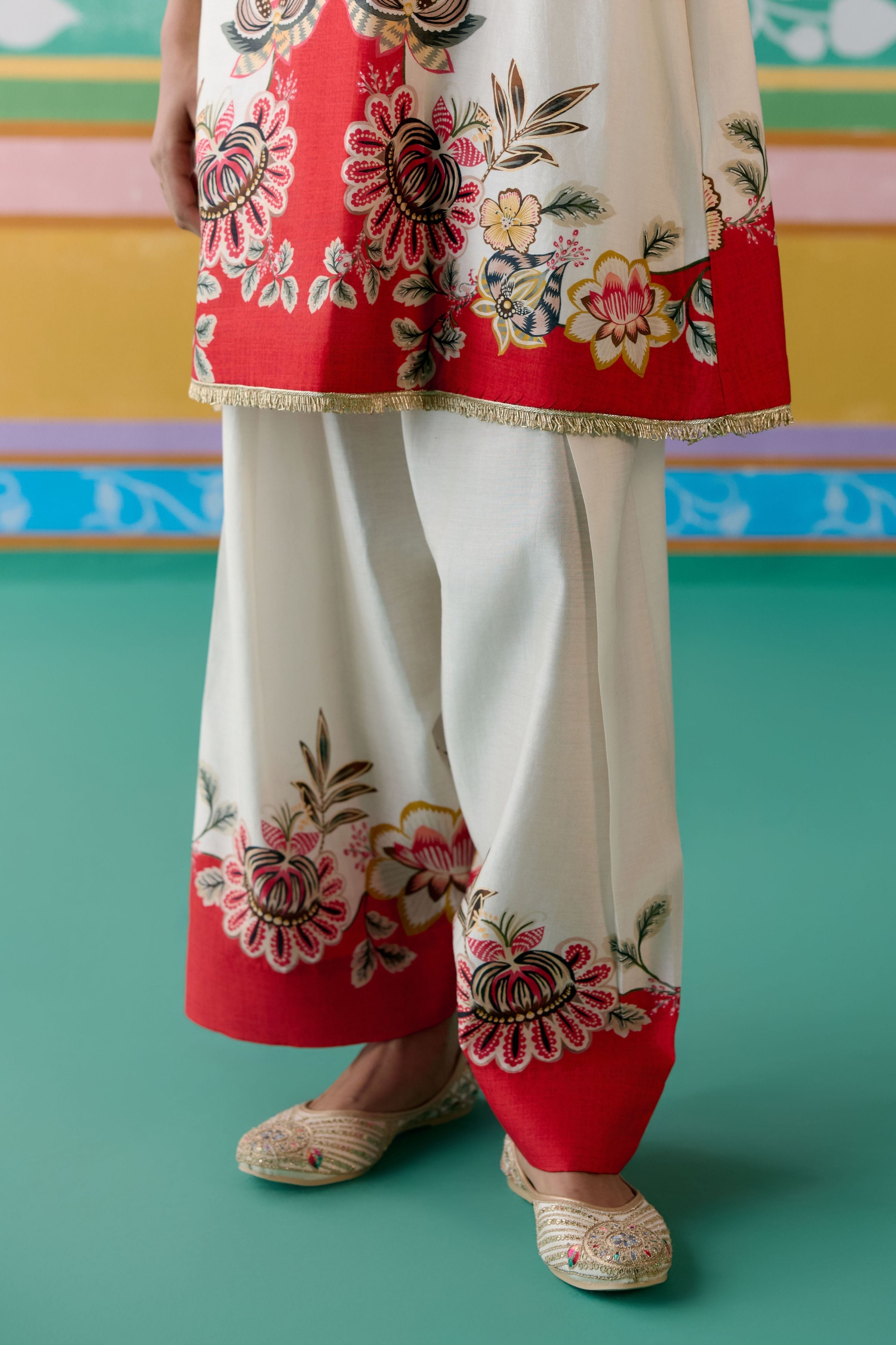 Ecru & Red Floral Square Neck Kurta Set