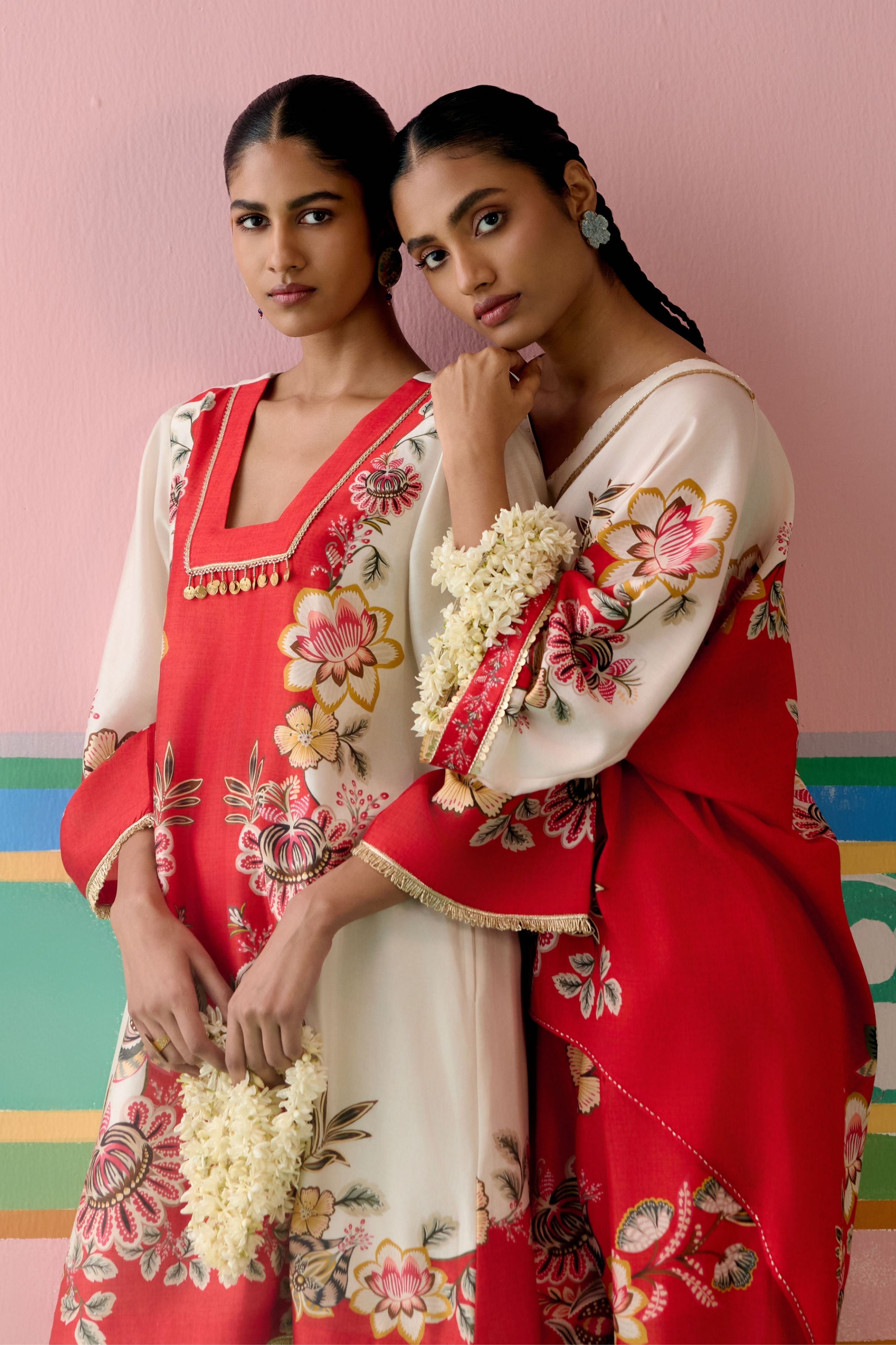 Ecru & Red Floral Square Neck Kurta Set