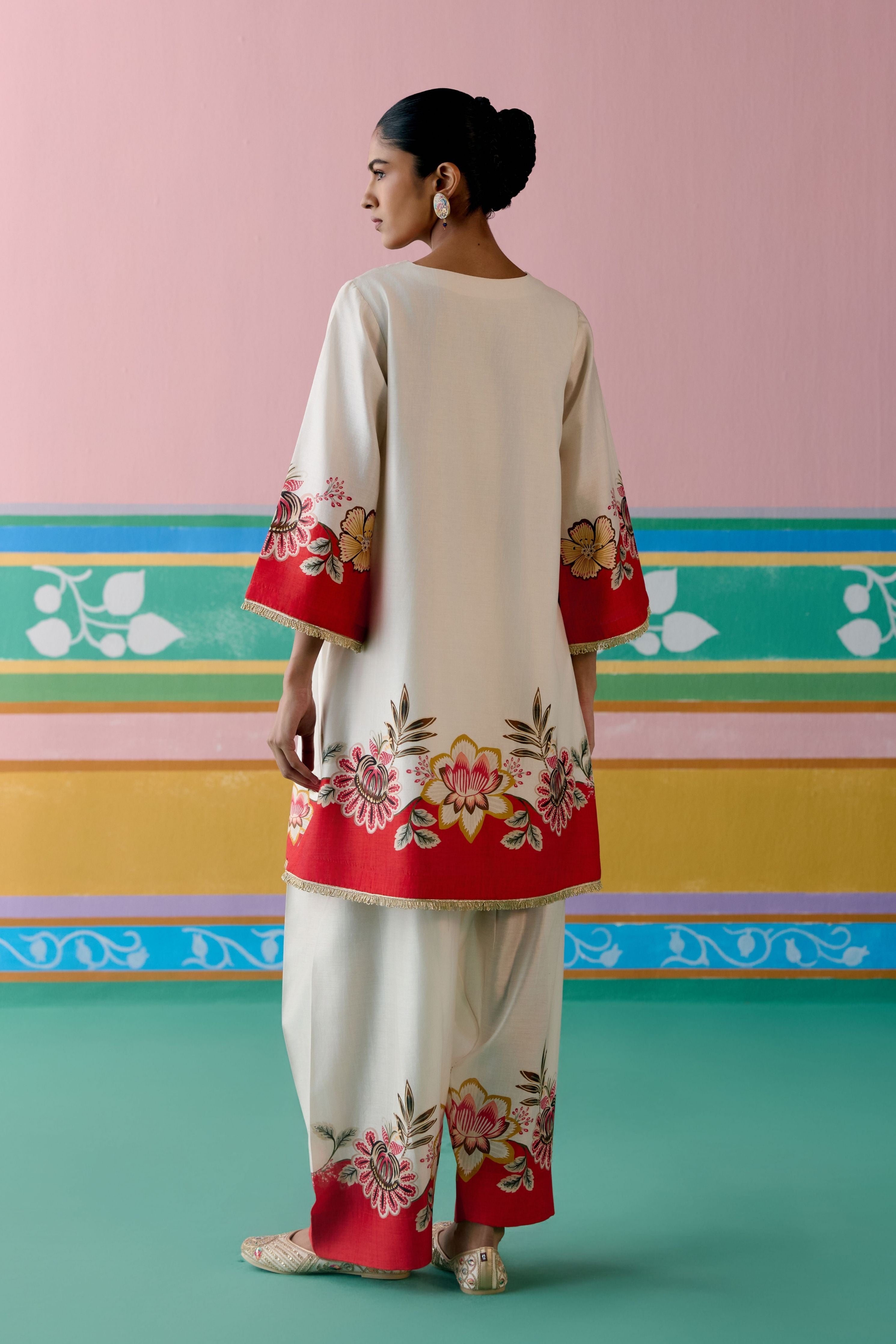 Ecru & Red Floral Square Neck Kurta Set