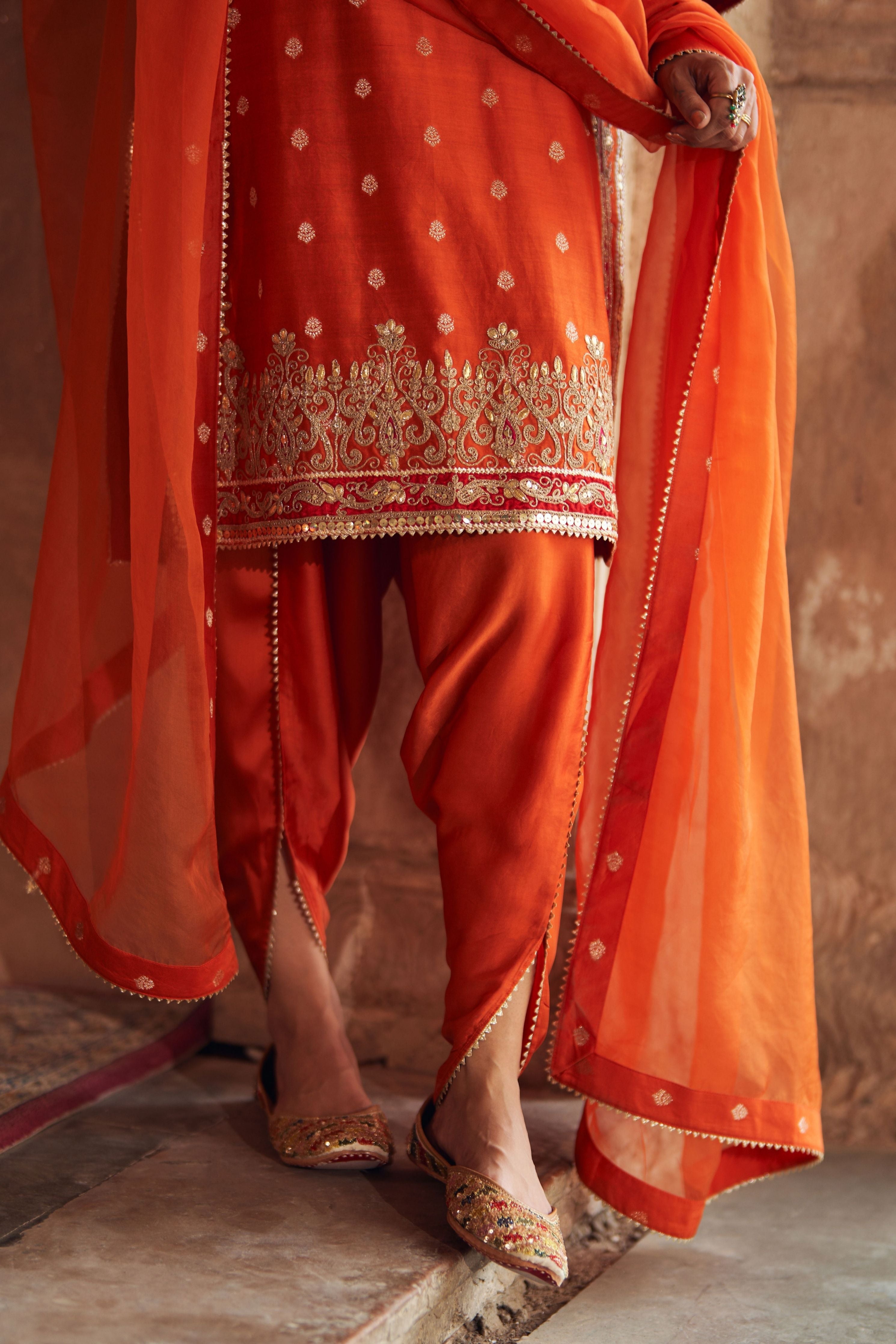 Fahmida Burnt Orange Short Kurta With Salwar And Dupatta