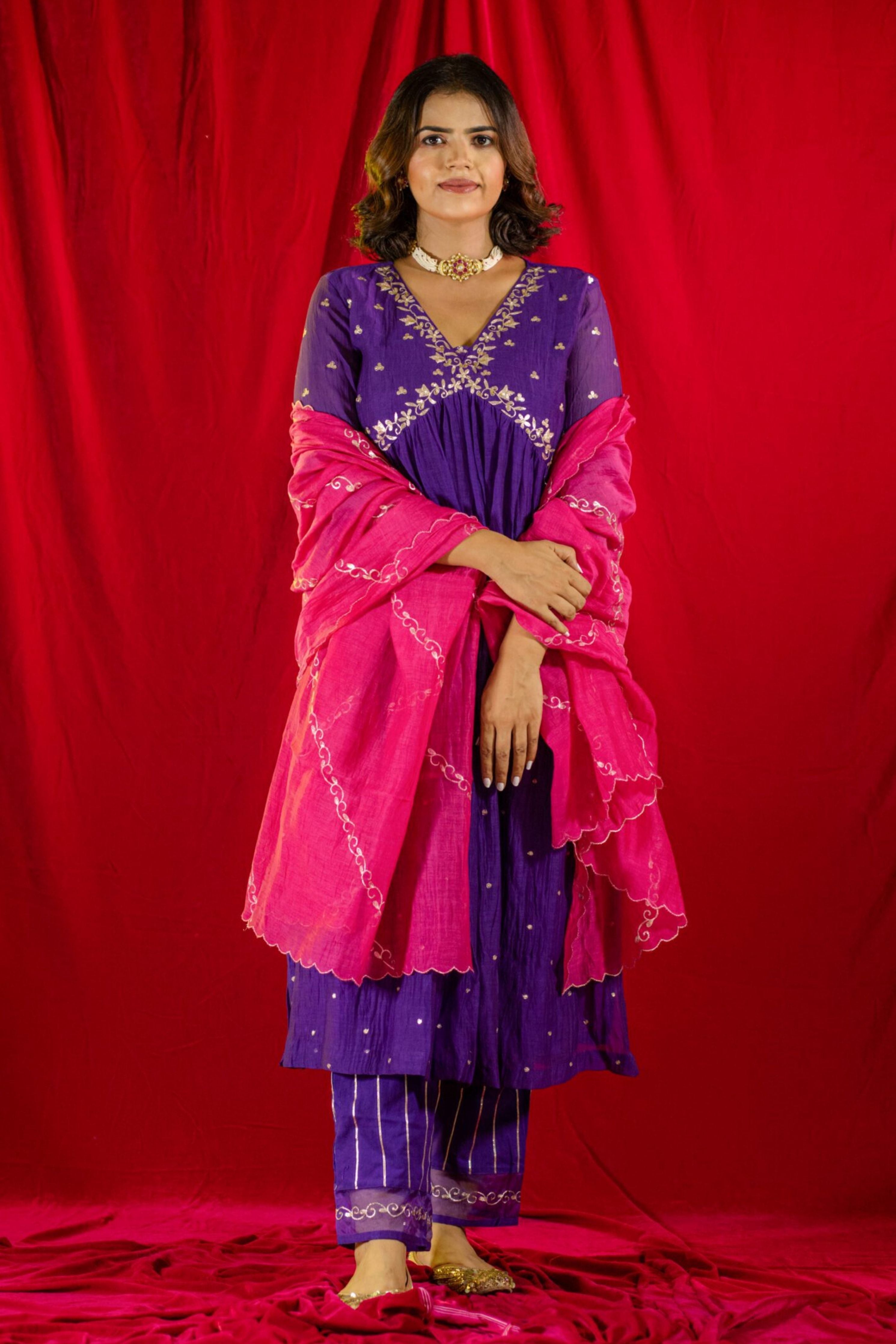 Purple V Neck Kurta Suit Set