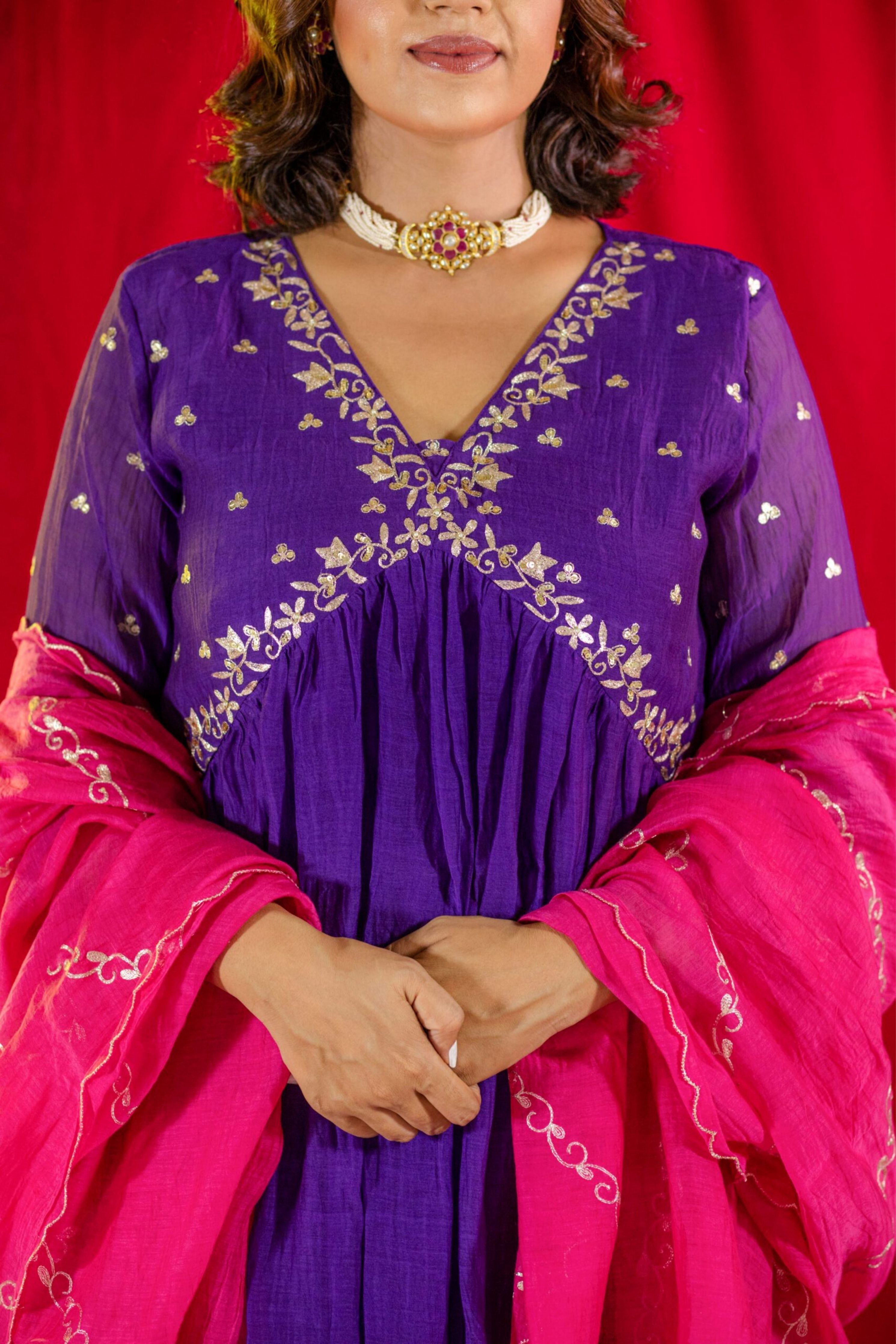 Purple V Neck Kurta Suit Set