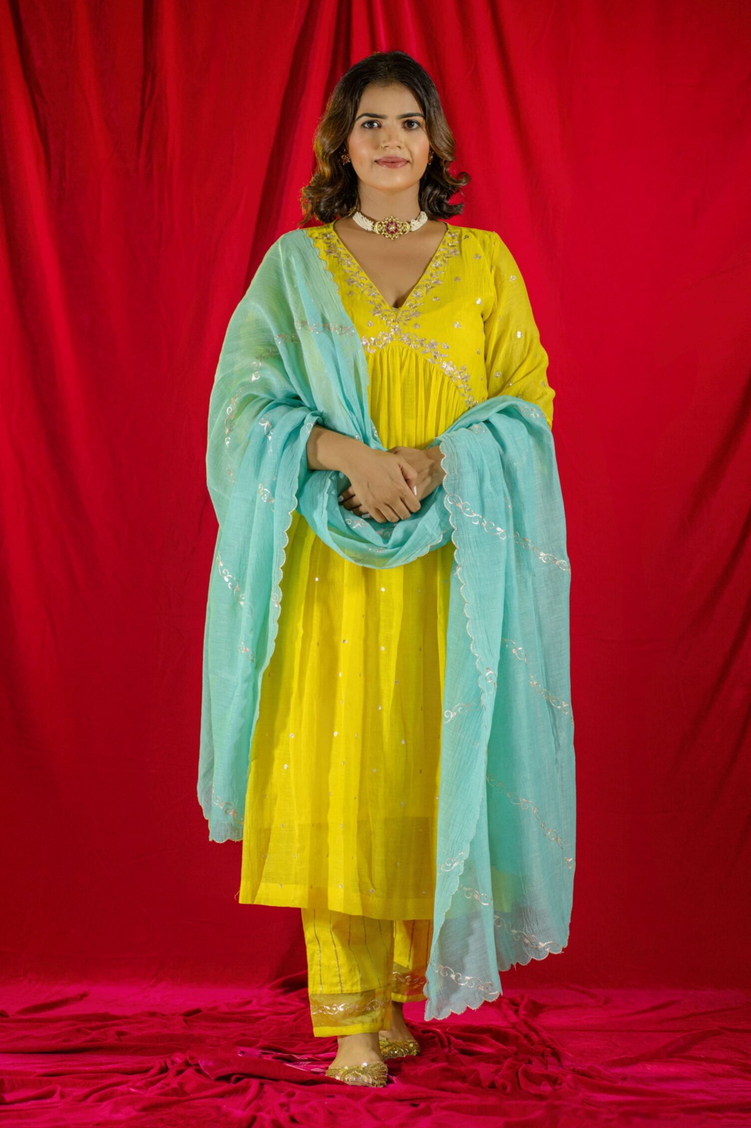 Yellow V-Neck Kurta Suit set