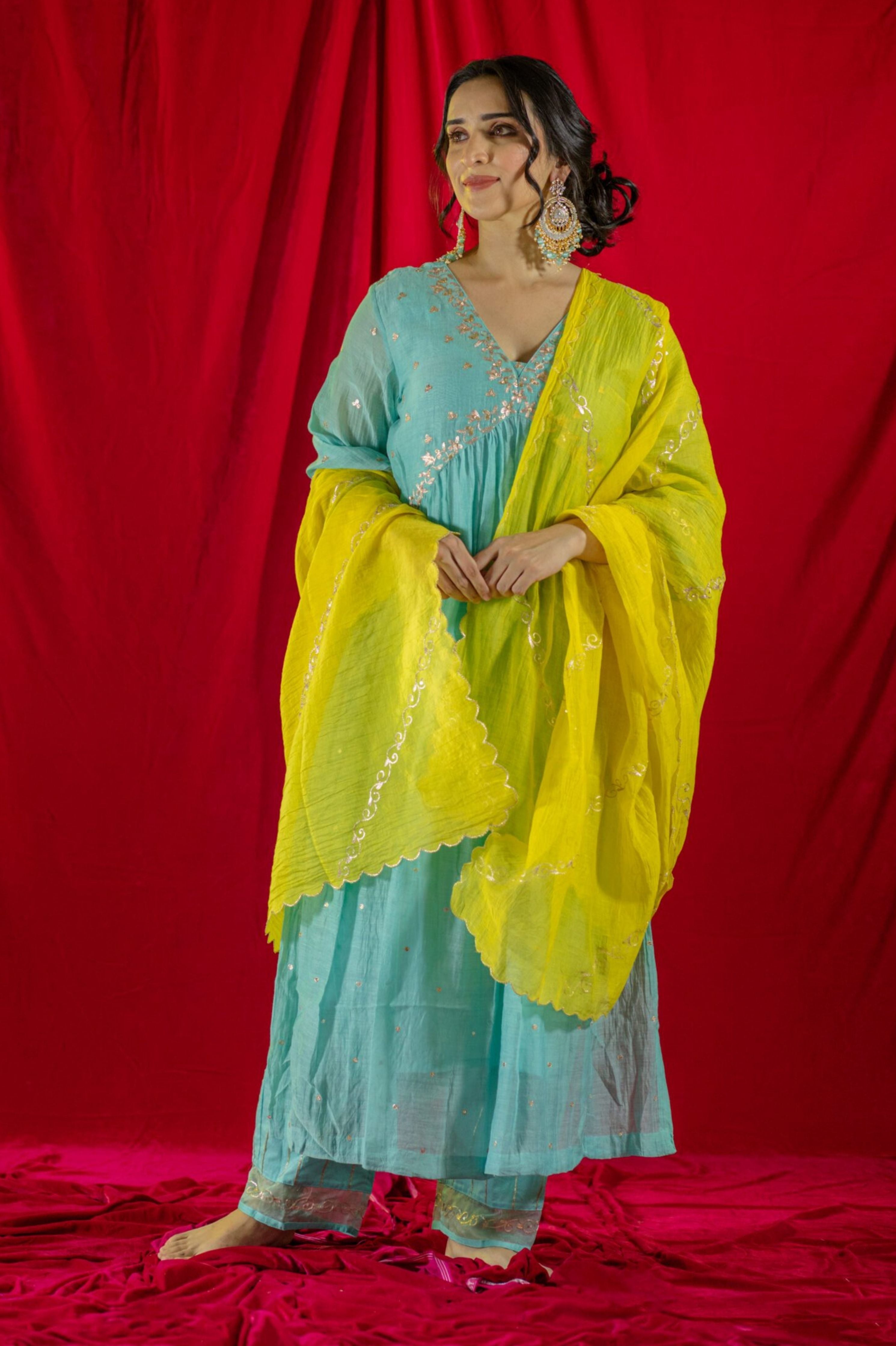 Aqua Blue V-Neck Kurta Suit set